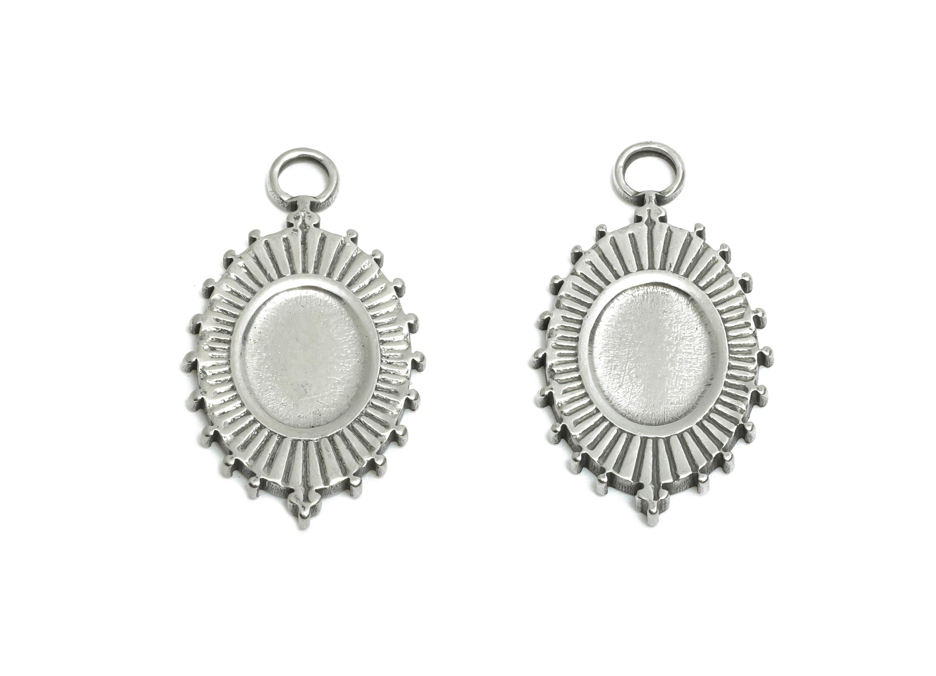 Steel Oval Sunburst Charm - Vintage Textured Pendant for Necklace - Radiant Geometric Sun Design - Steel Jewelry - 21.88x12x1.48mm - SS1912 - DOMEDBAZAAR