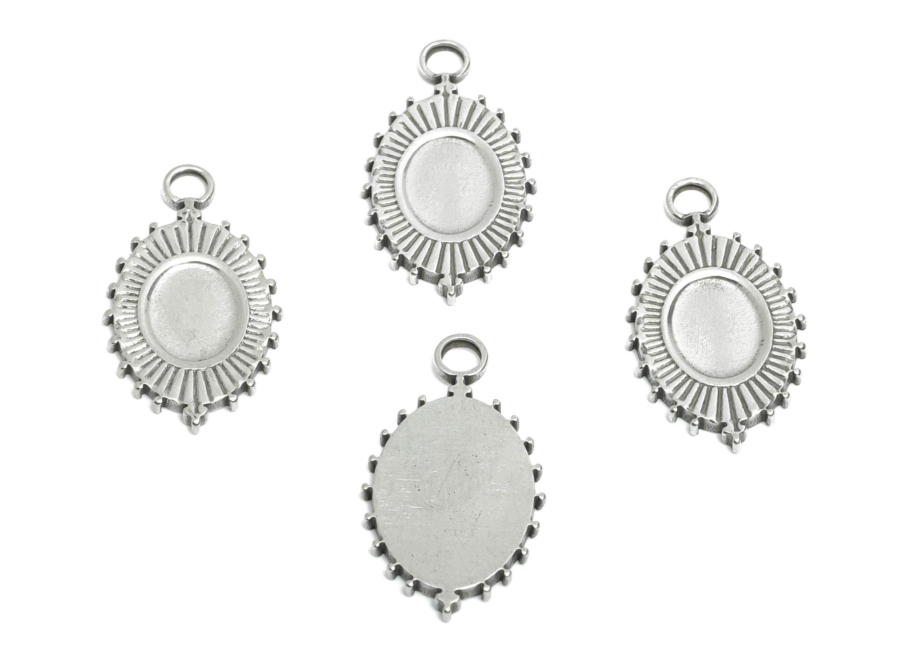 Steel Oval Sunburst Charm - Vintage Textured Pendant for Necklace - Radiant Geometric Sun Design - Steel Jewelry - 21.88x12x1.48mm - SS1912 - DOMEDBAZAAR