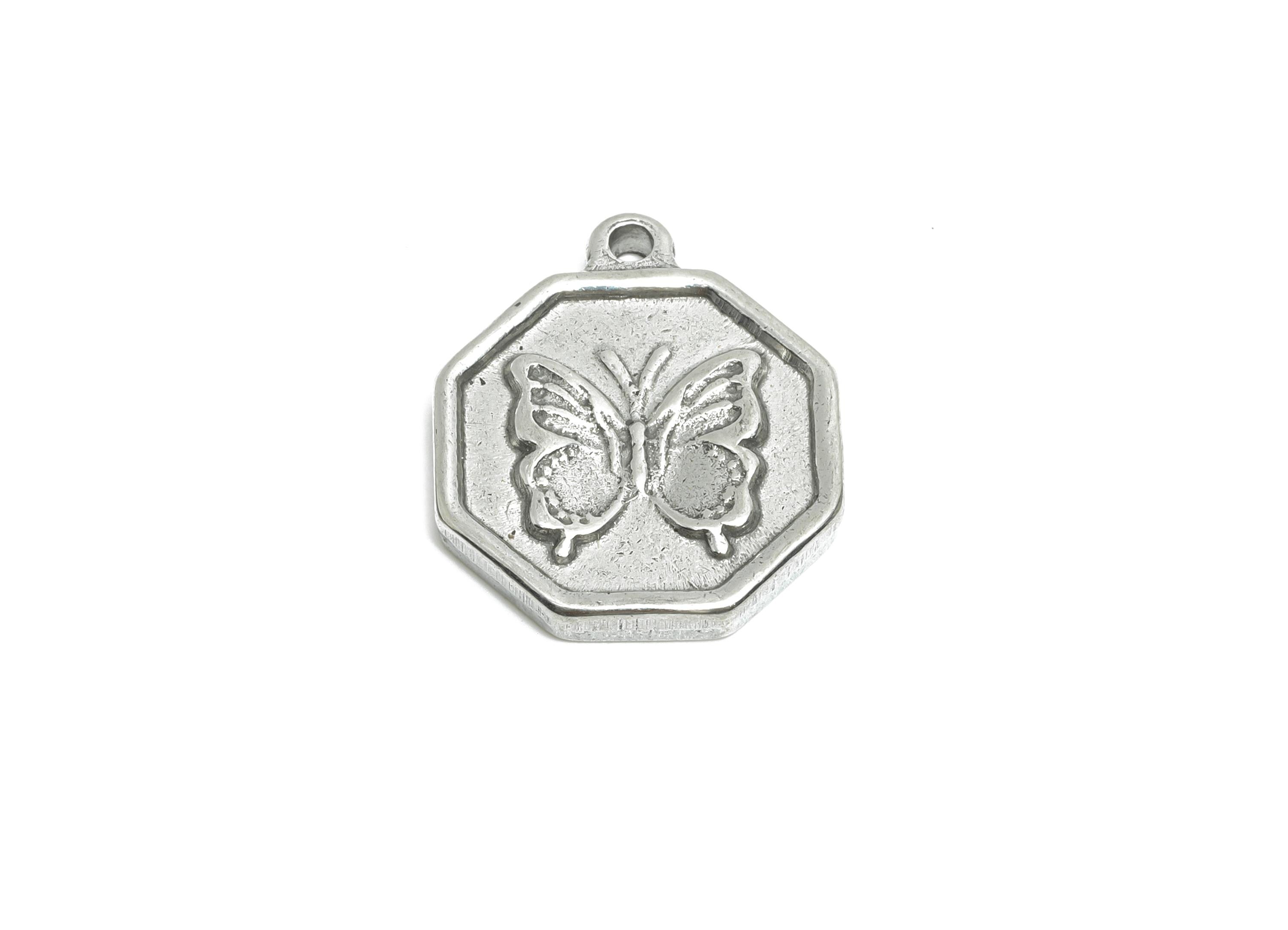 Steel Butterfly Charm - Detailed Silver Insect Charm - Vintage Flying Butterfly Geometric Charm - Steel Jewelry - 18.24x15.5x2.6mm - SS1813 - DOMEDBAZAAR
