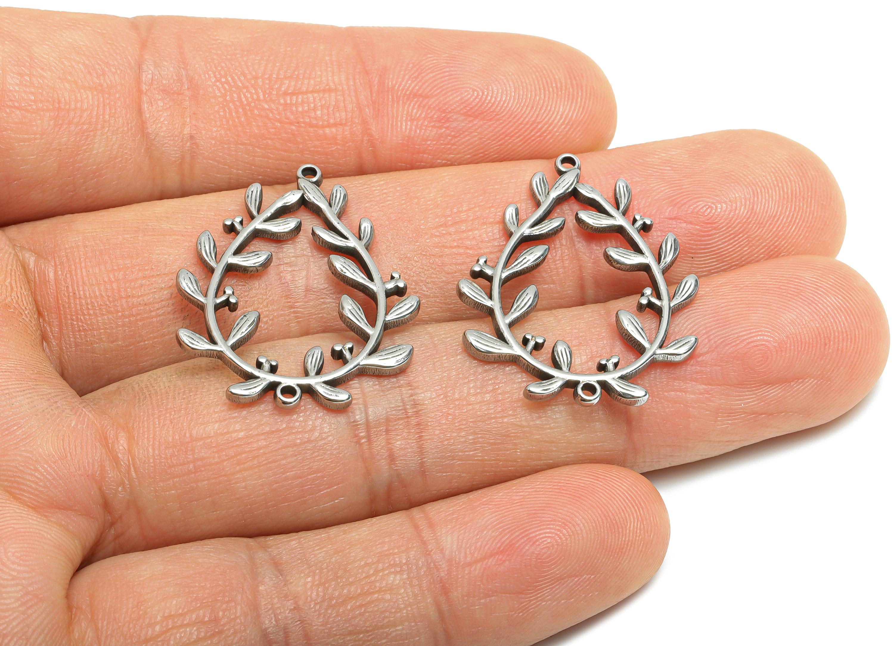 Steel Floral Teardrop Connector - Flower Leaf Drop Charm For Bracelet - Botanical Boho Charms - Stainless Steel Jewelry - 28x22x1mm - SS1732 - DOMEDBAZAAR