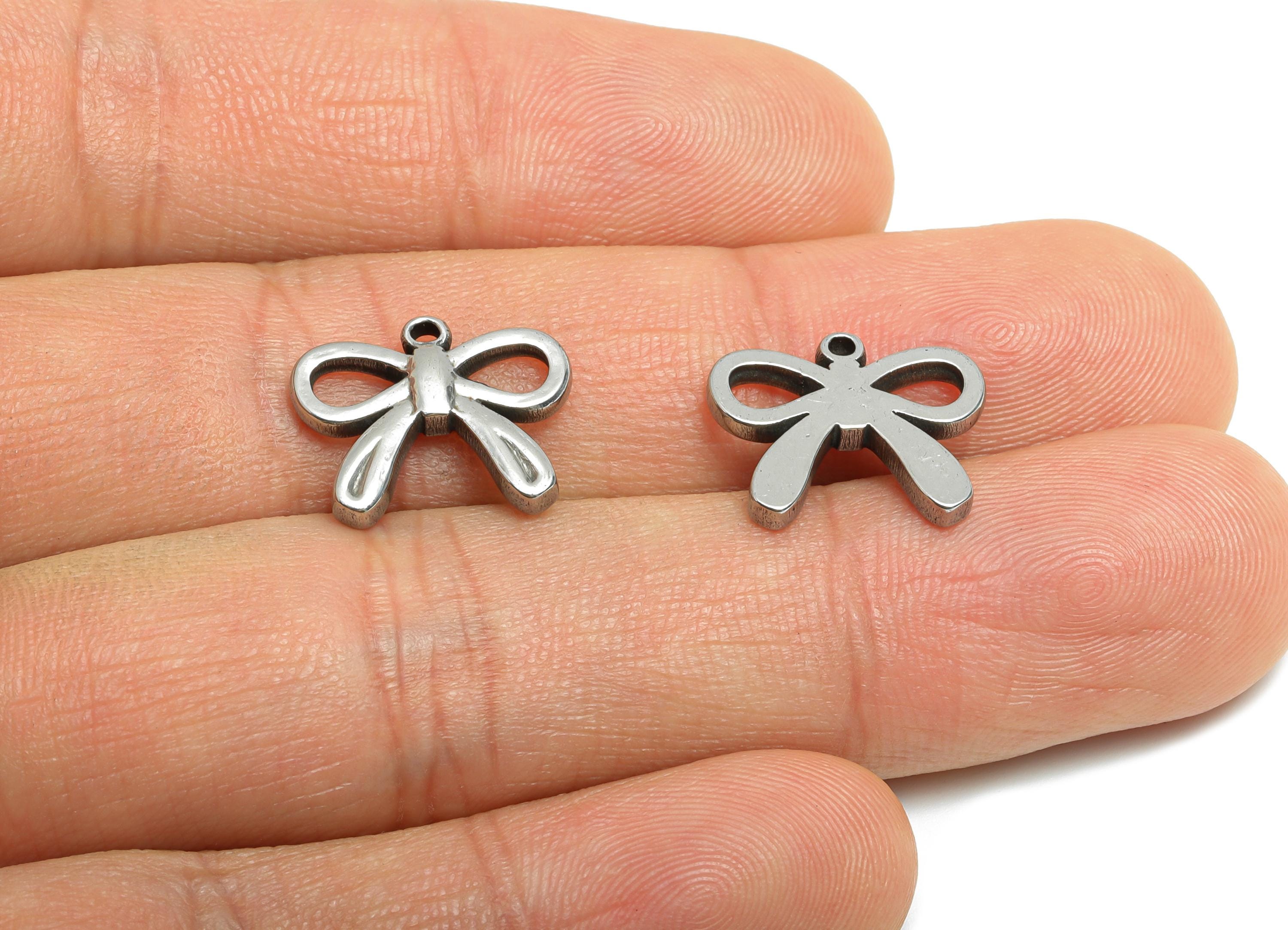 Stainless Steel Bow Pendant - Steel Ribbon Charms for Necklace - Jewelry Making Supplies - Chic Charm for Bracelet - 12x15x2.4mm - SS1838 - DOMEDBAZAAR