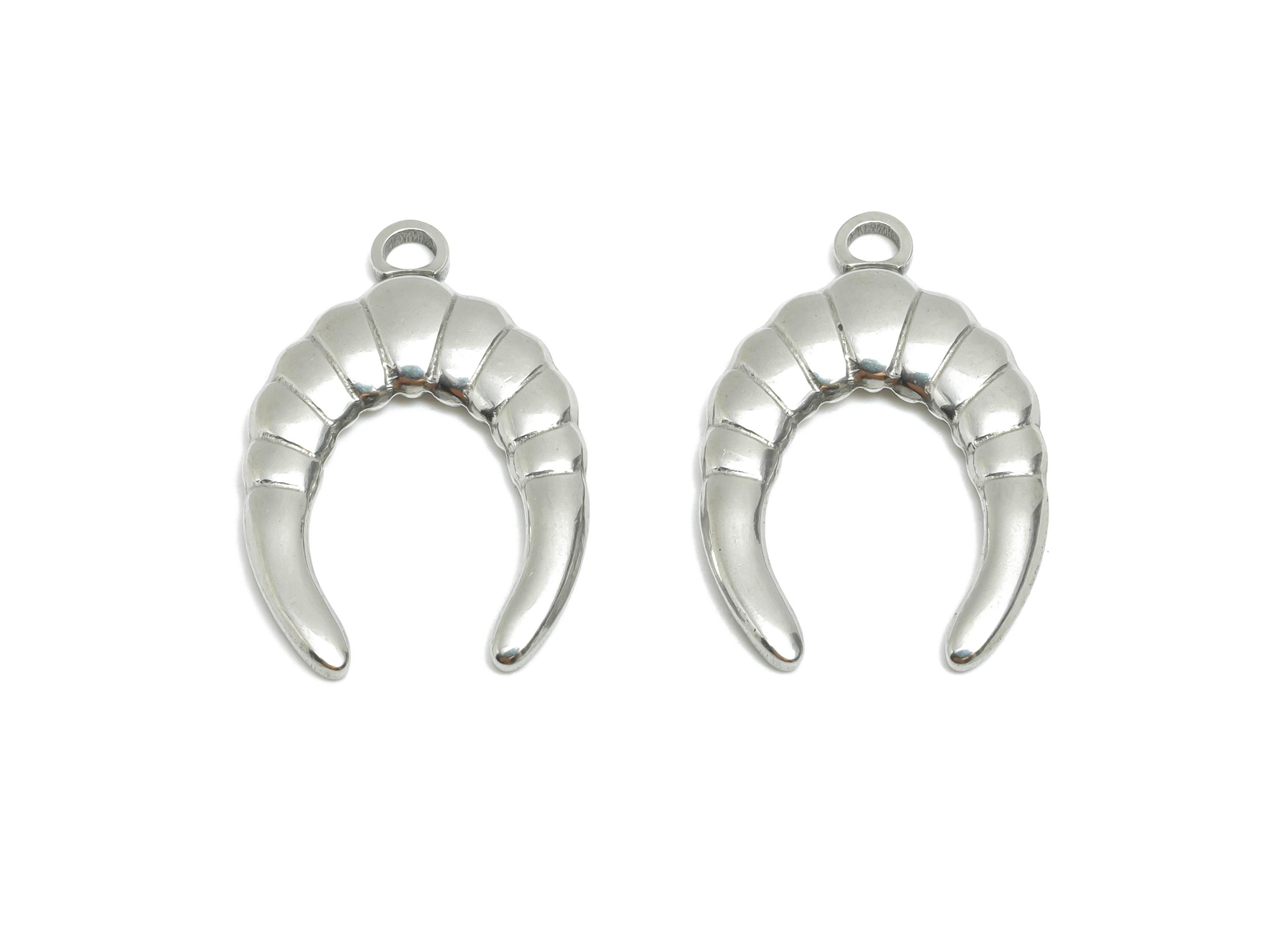 Stainless Steel Horn Charms - Minimalist Steel Textured Horn Pendant - Minimalist Horn For Necklace - Steel Jewelry - 25x16x2.5mm - SS1938 - DOMEDBAZAAR