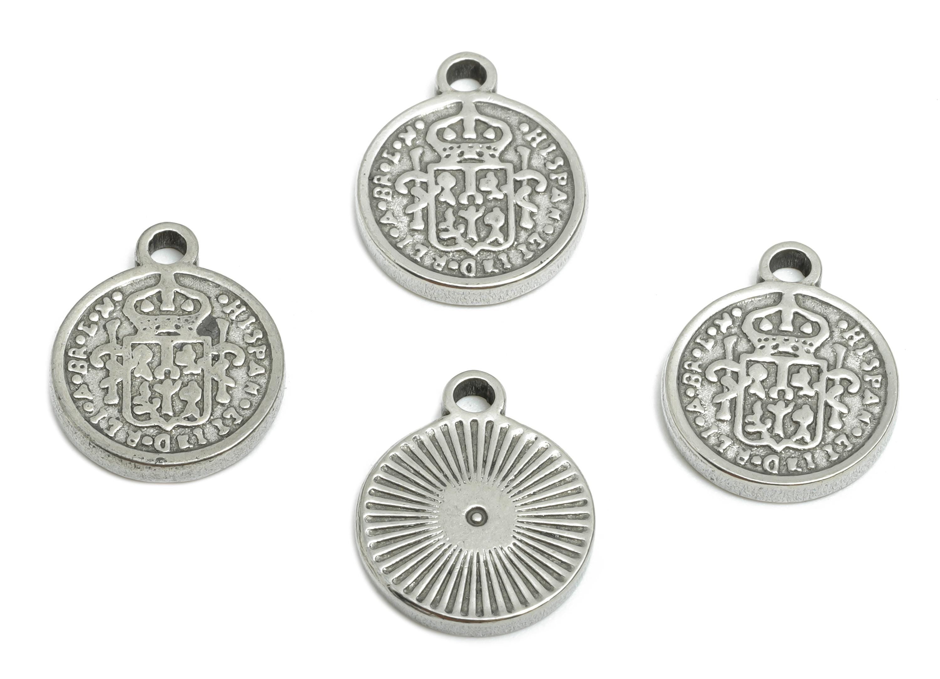 Stainless Steel Circle Charm - Vintage Royal Seal Pendant - Antique Royal Medal Pendant For Necklace - Spanish Coin Charm - 13x11x1mm-SS1933 - DOMEDBAZAAR