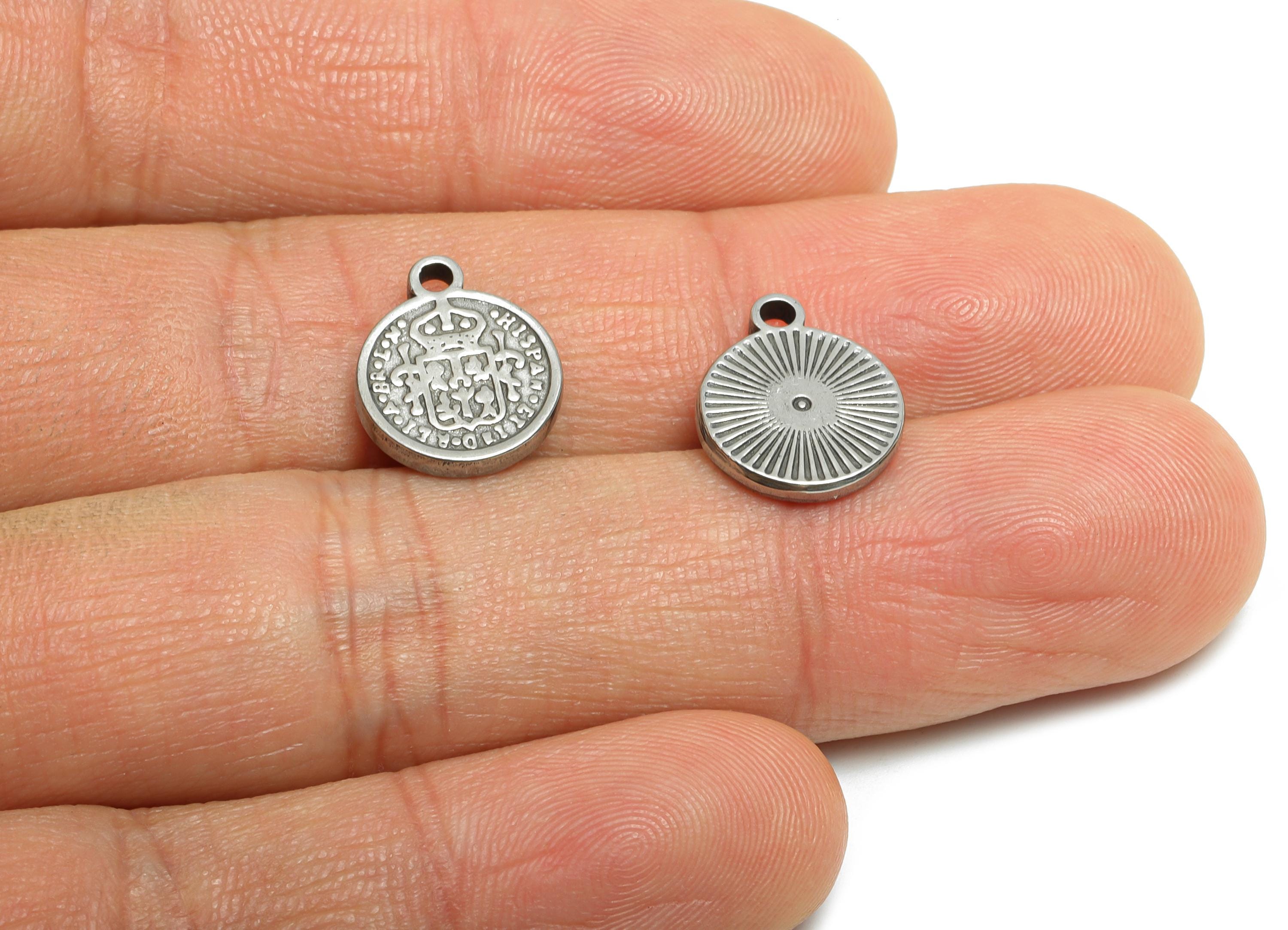 Stainless Steel Circle Charm - Vintage Royal Seal Pendant - Antique Royal Medal Pendant For Necklace - Spanish Coin Charm - 13x11x1mm-SS1933 - DOMEDBAZAAR