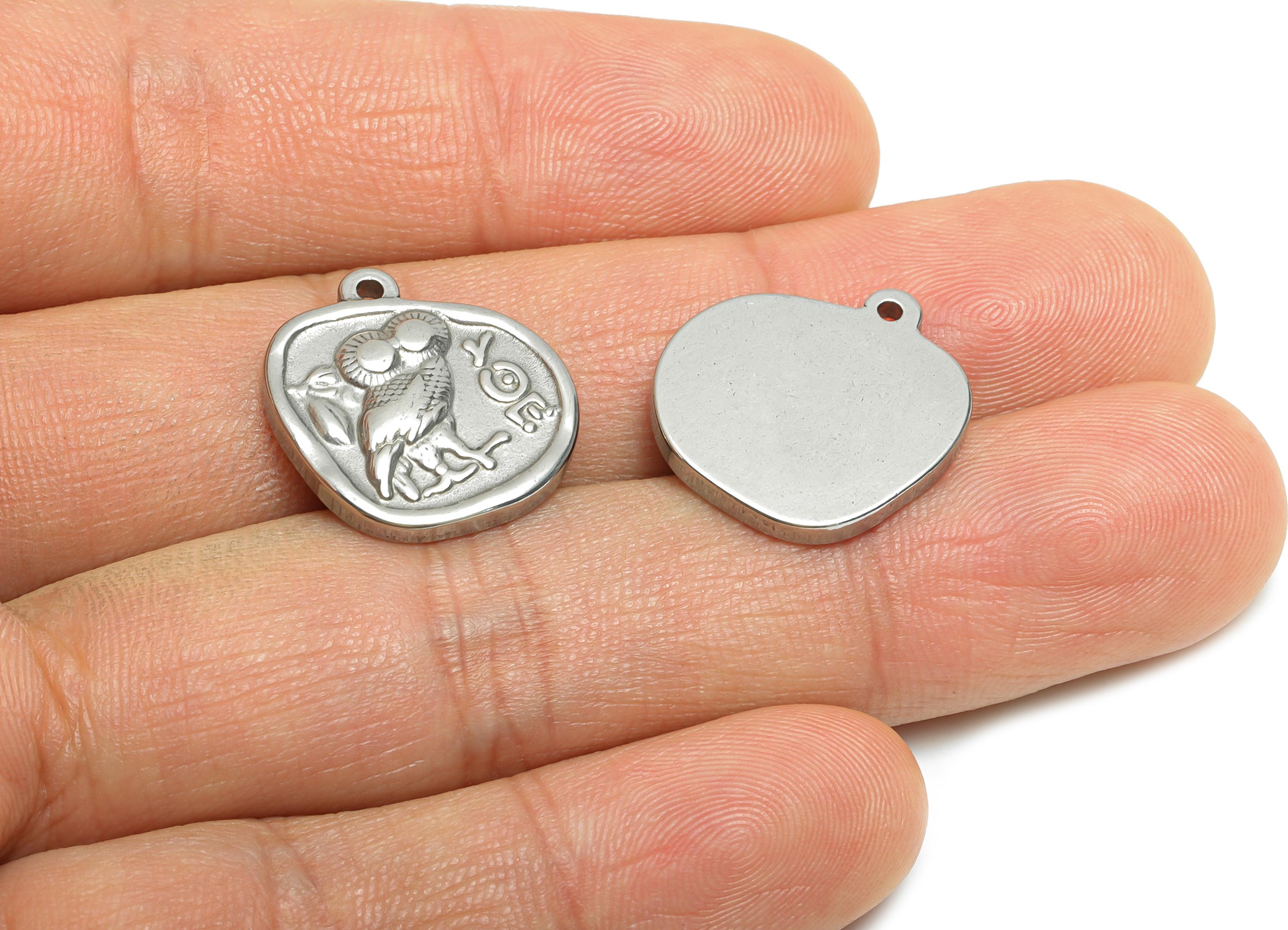 Steel Owl Coin Pendant - Wise Owl Pendant for Necklace - Vintage Owl Coin Greek Inscription Pendant - Steel Finding - 19x19x2mm - SS1970 - DOMEDBAZAAR