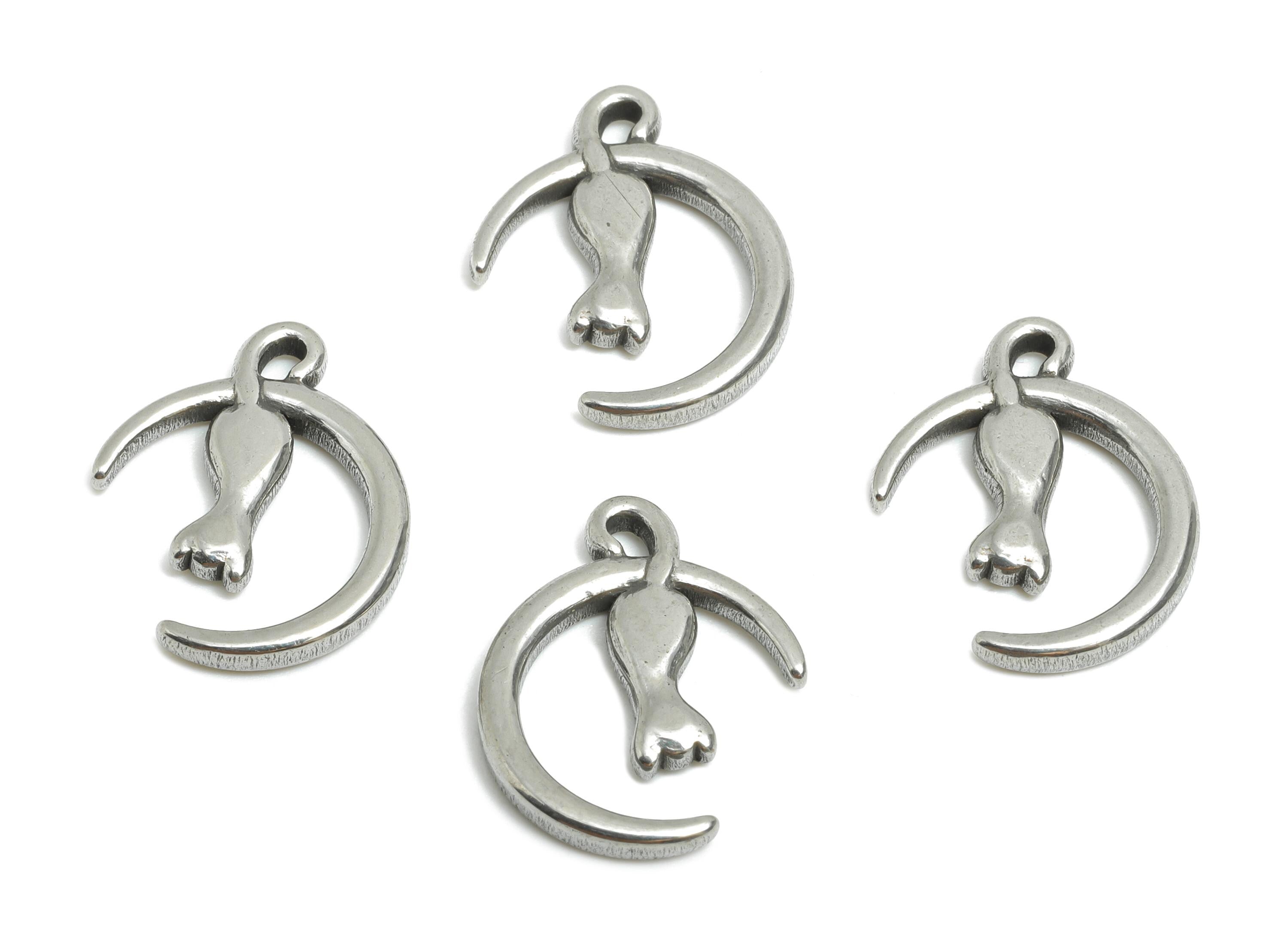 Steel Moon and Cat Pendant - Cat Crescent Moon Charm for Necklace - Celestial Cat Charm - Stainless Steel Finding - 16x13x1.95mm - SS1797 - DOMEDBAZAAR