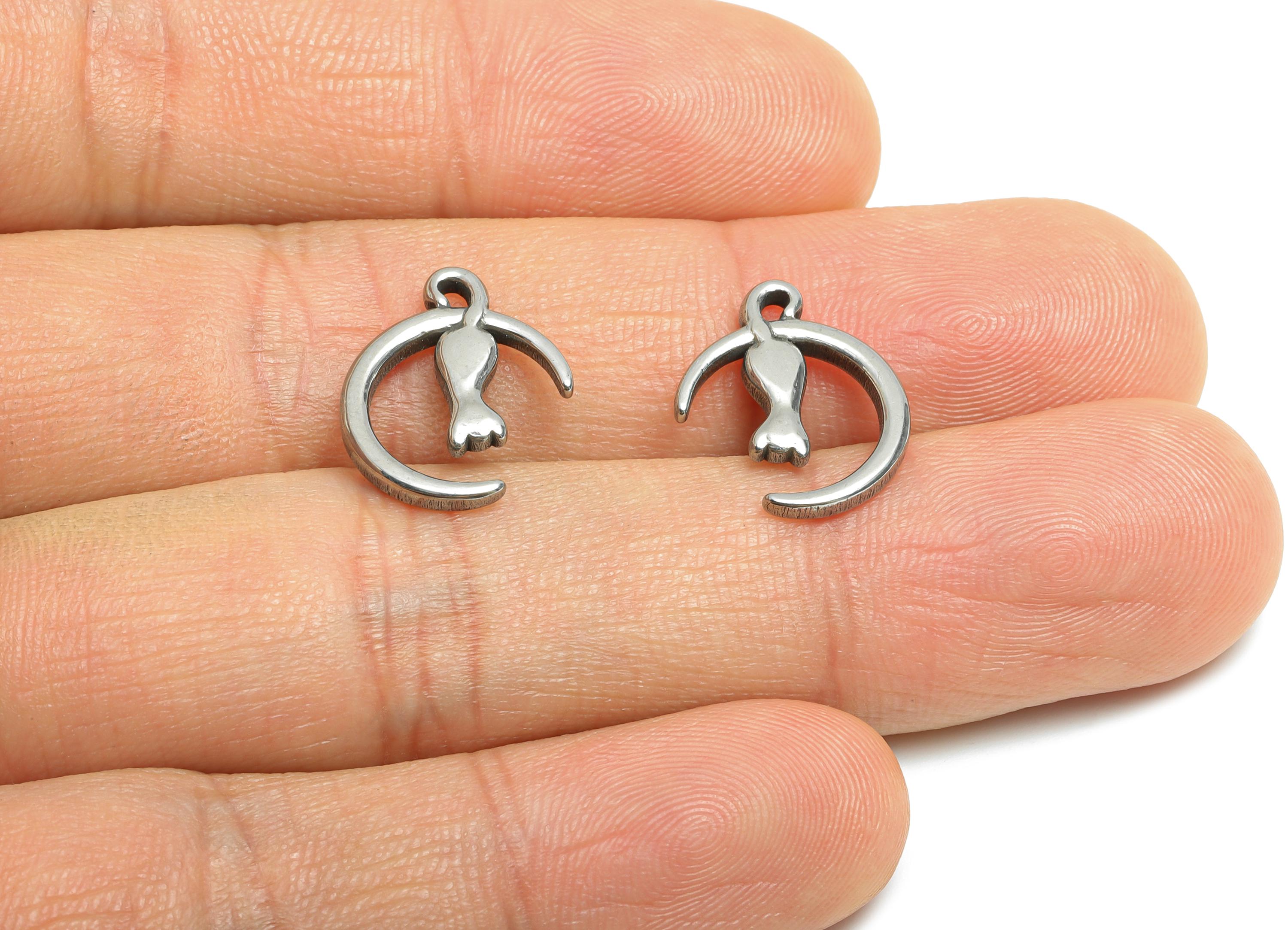 Steel Moon and Cat Pendant - Cat Crescent Moon Charm for Necklace - Celestial Cat Charm - Stainless Steel Finding - 16x13x1.95mm - SS1797 - DOMEDBAZAAR