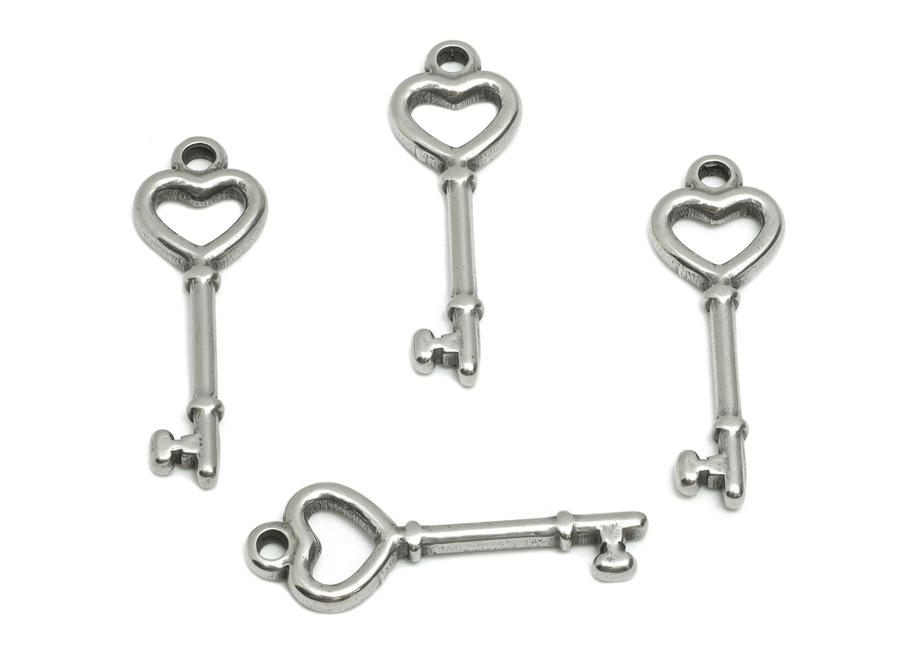 Stainless Steel Key Heart Charms - Romantic Key Pendant Pendant - Vintage Heart Key Charm - Heart Motif Jewelry - 25x8x2.22mm - SS1771 - DOMEDBAZAAR