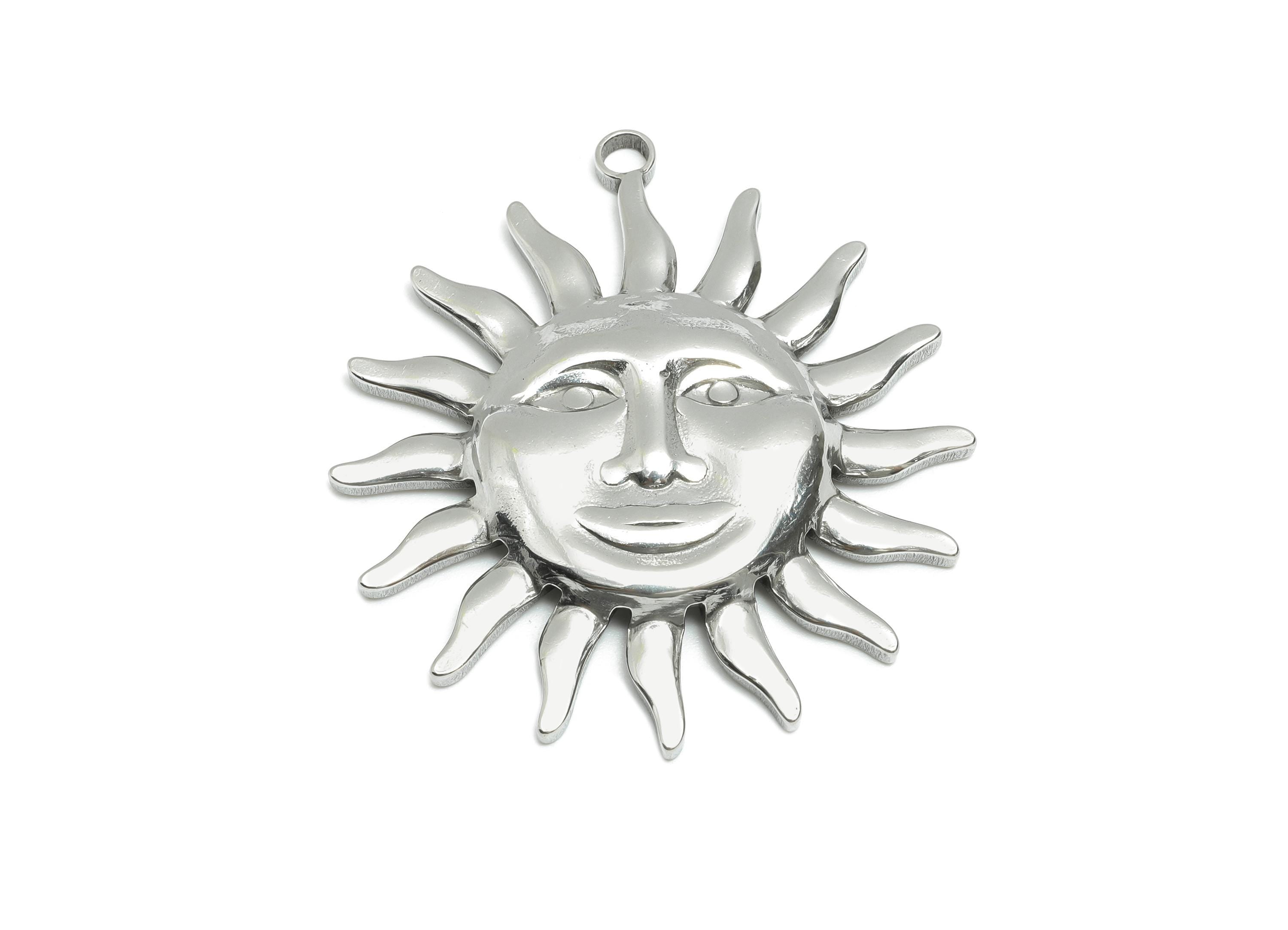 Steel Sun Face Pendant - Radiant Sun Pendant for Necklace - Vintage Solar Symbol Pendant - Stainless Steel Jewelry - 40x37.2x3.49mm - SS1983 - DOMEDBAZAAR