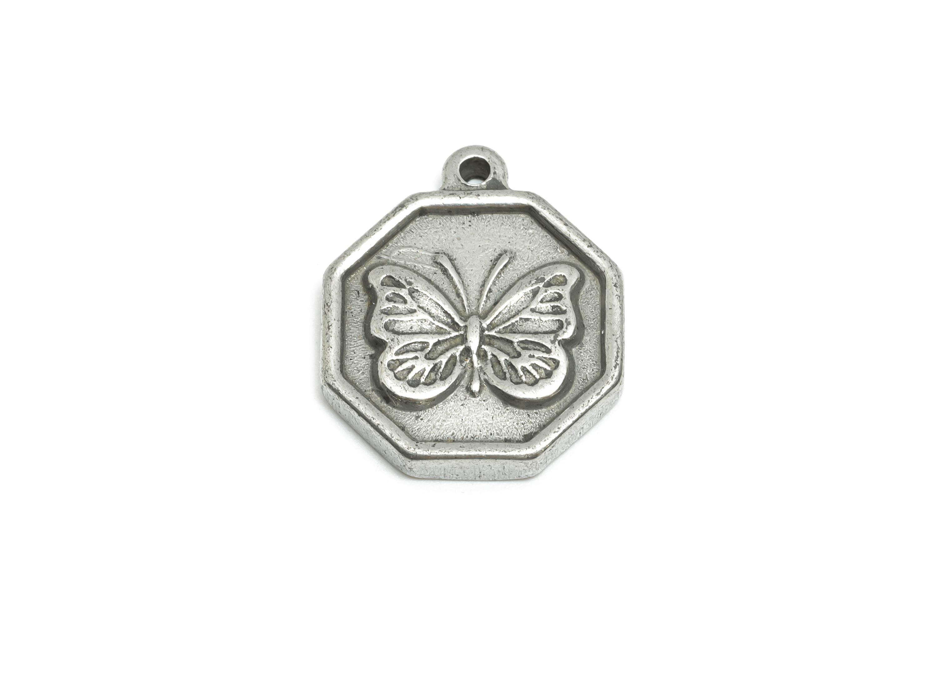 Steel Butterfly Charms - Detailed Silver Insect Charms - Vintage Butterfly Geometric Pendant - Jewelry Component - 18.25x15x2.59mm - SS1824 - DOMEDBAZAAR