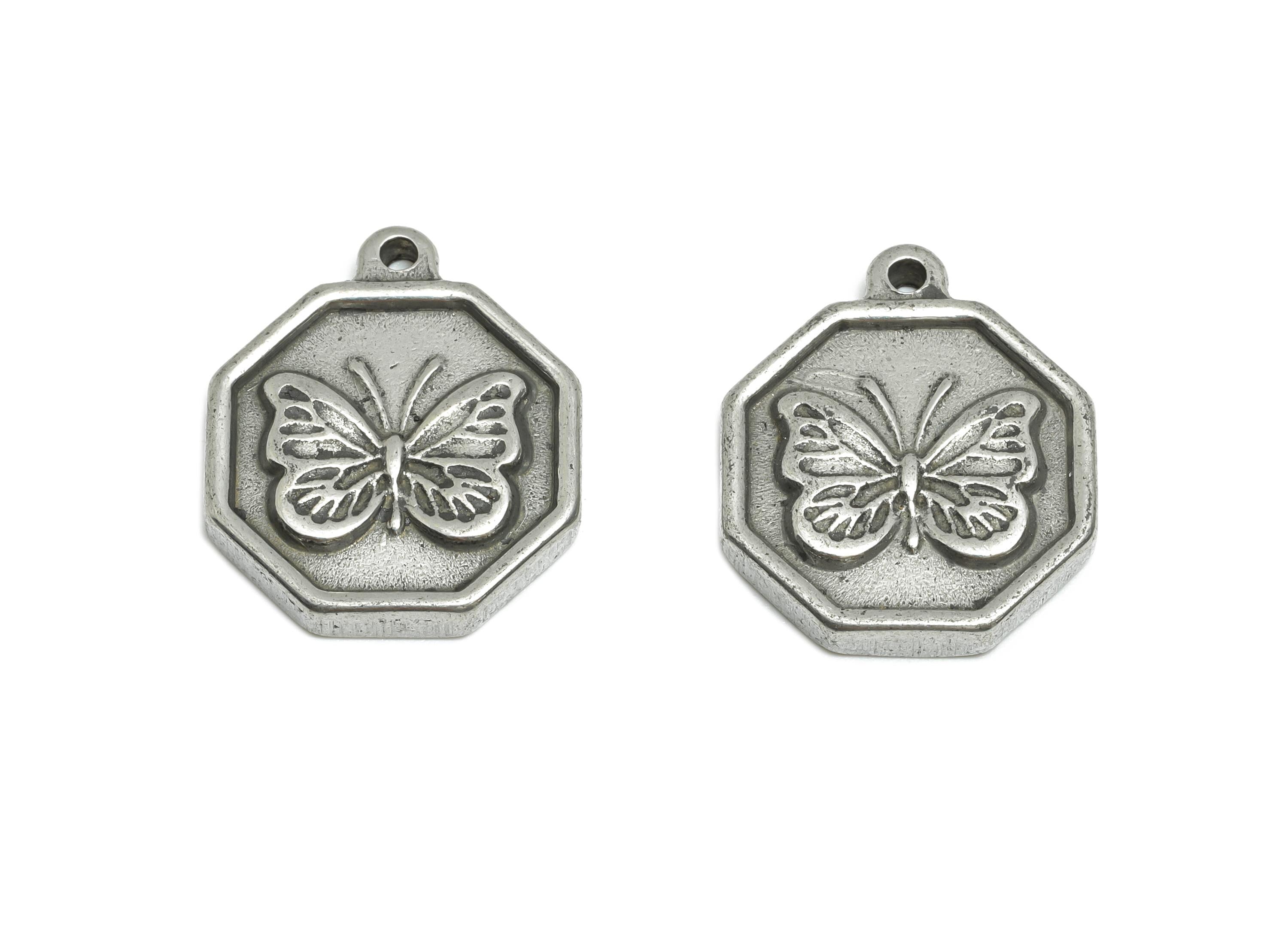 Steel Butterfly Charms - Detailed Silver Insect Charms - Vintage Butterfly Geometric Pendant - Jewelry Component - 18.25x15x2.59mm - SS1824 - DOMEDBAZAAR