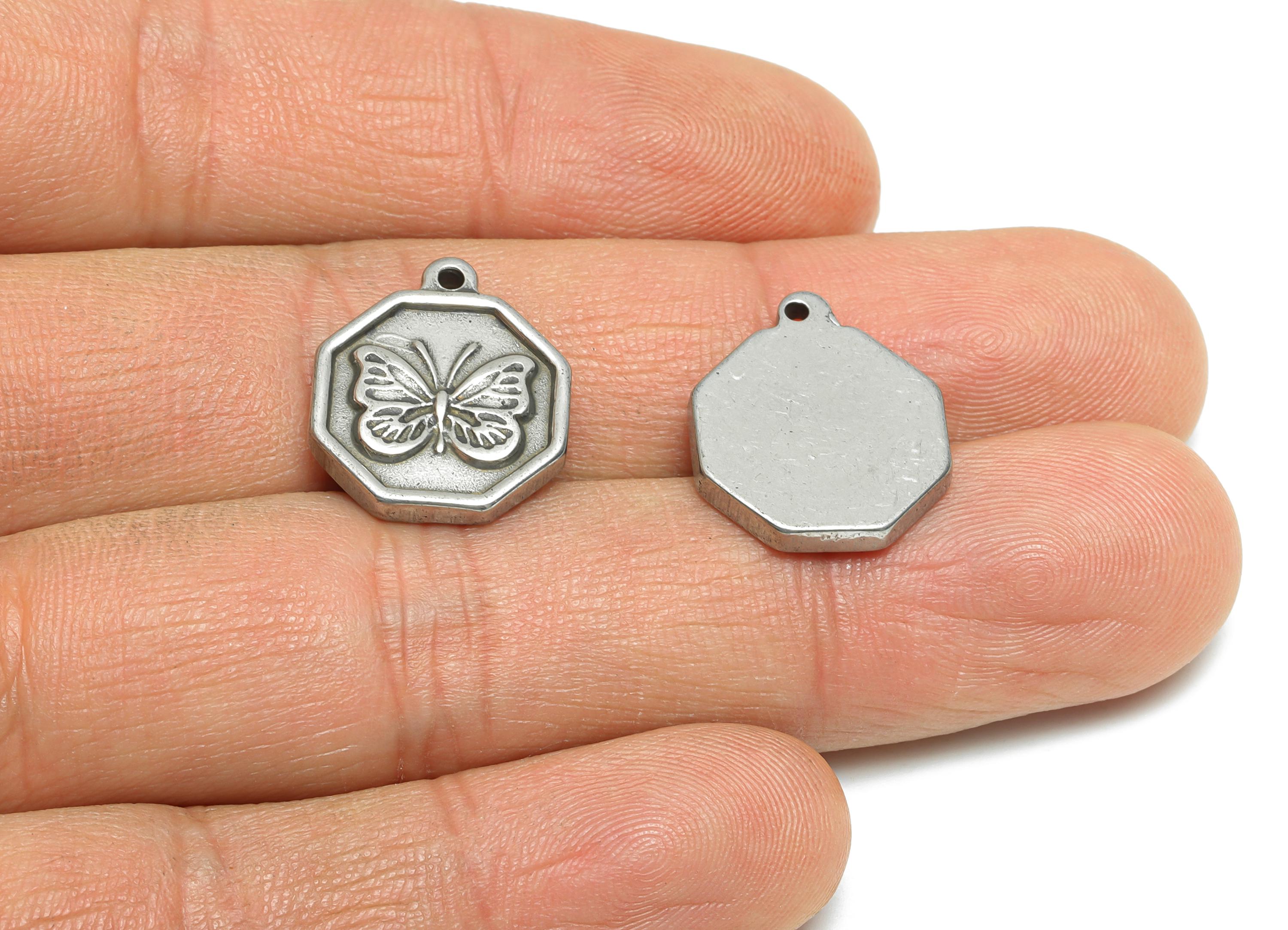 Steel Butterfly Charms - Detailed Silver Insect Charms - Vintage Butterfly Geometric Pendant - Jewelry Component - 18.25x15x2.59mm - SS1824 - DOMEDBAZAAR