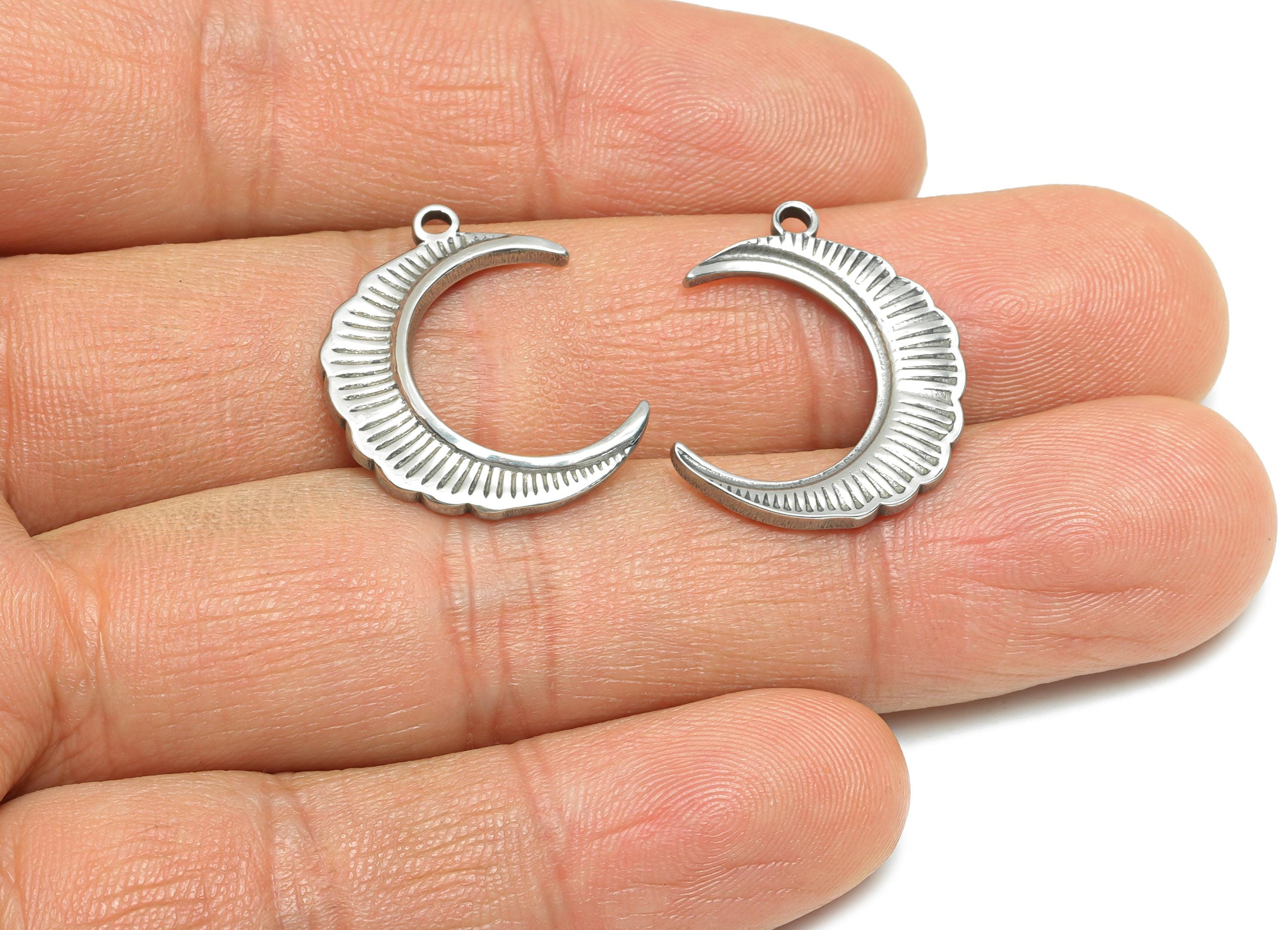 Steel Crescent Pendant - Textured Crescent Moon Charm for Bracelet - Vintage Celestial Pendant - Steel Jewelry - 22x18x2.17mm - SS1943 - DOMEDBAZAAR