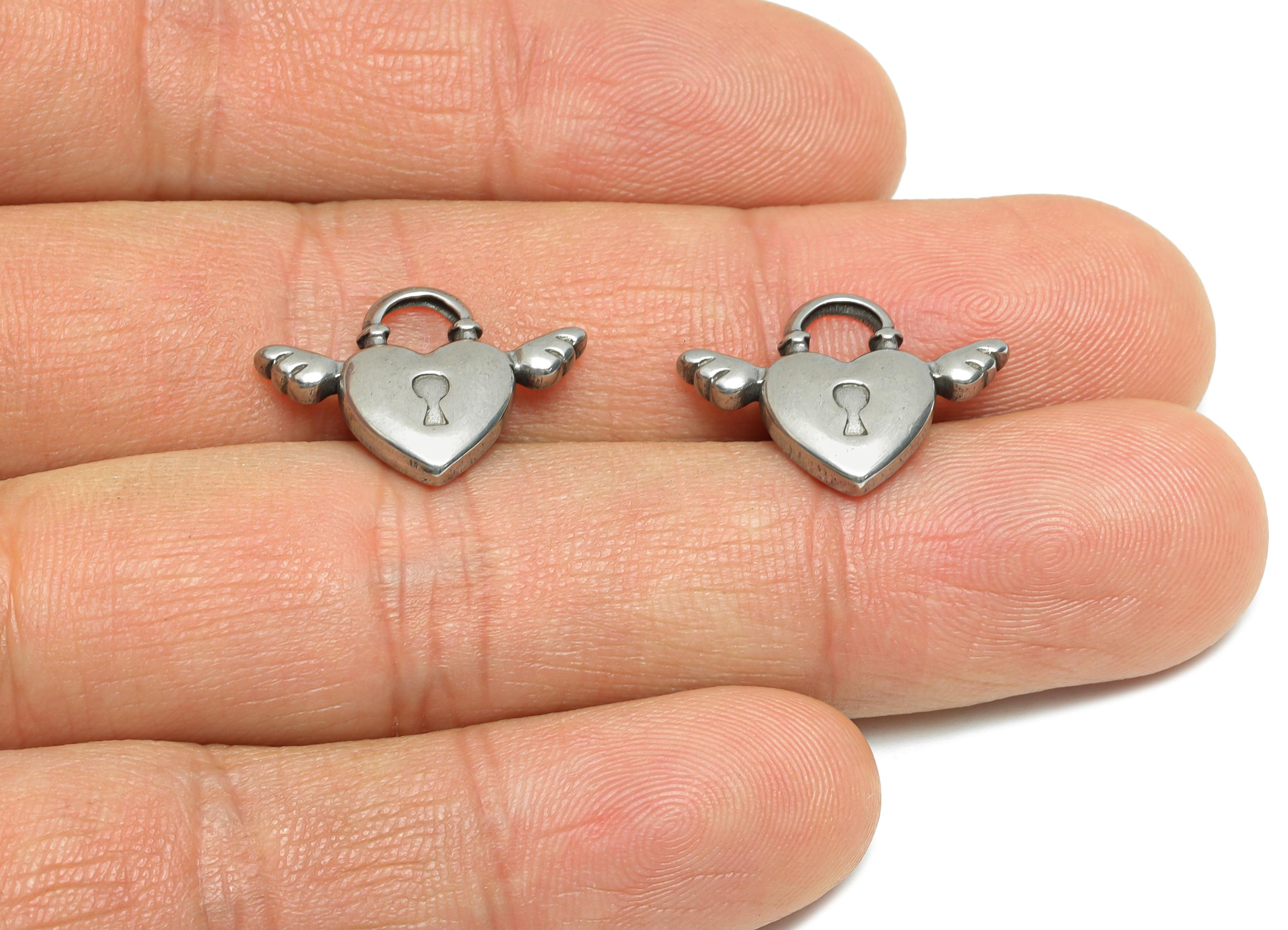 Stainless Steel Heart Lock Pendant - Winged Heart Design Pendant for Necklace - Whimsical Lock Details For DIY Jewelry - 14x19x3mm - SS1917 - DOMEDBAZAAR