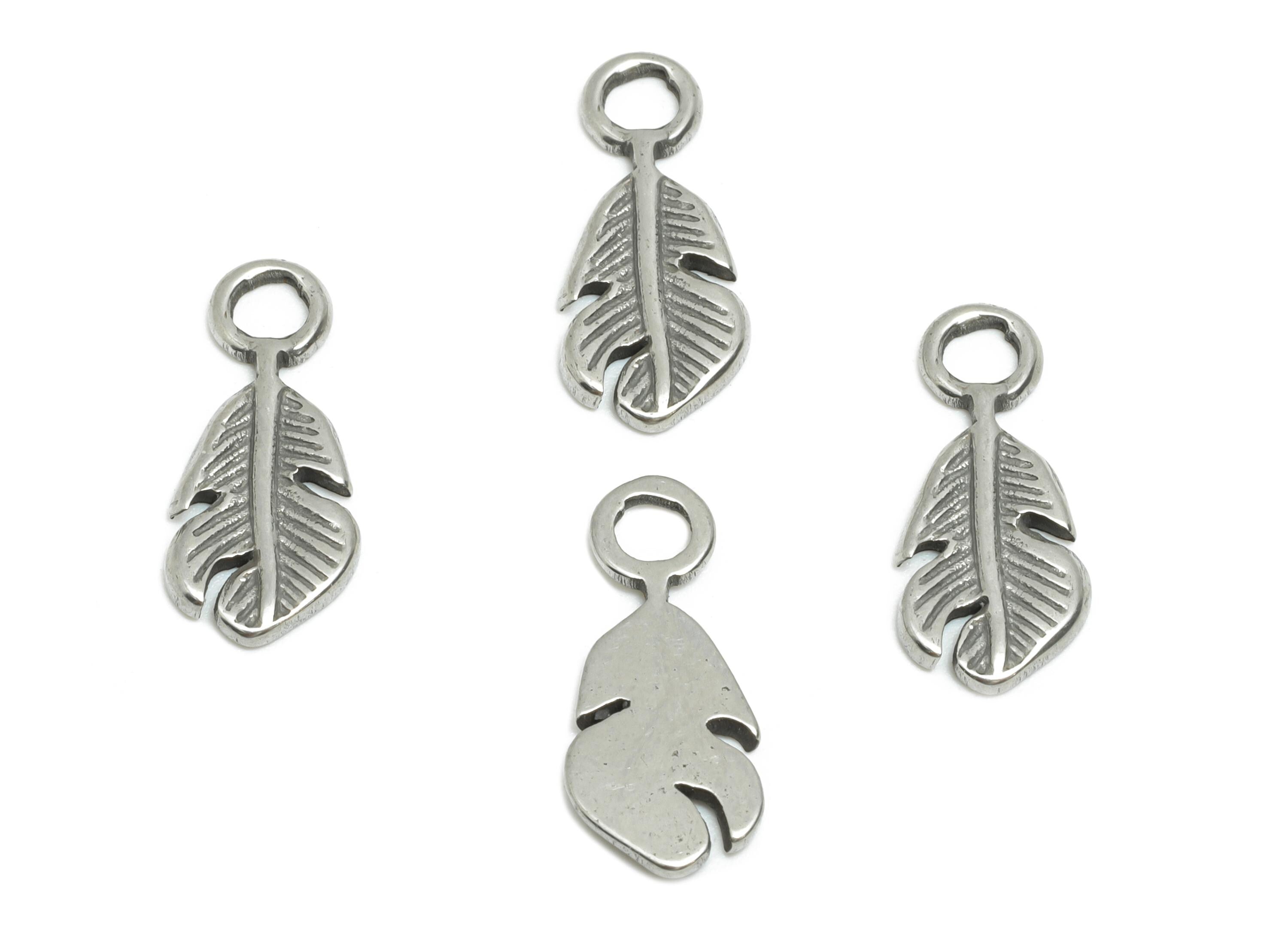 Steel Feather Charms - Delicate Feather Charm for Bracelet - Silver Steel Craft Supplies - Minimalist Jewelry Making - 15x6.69x1mm - SS1853 - DOMEDBAZAAR
