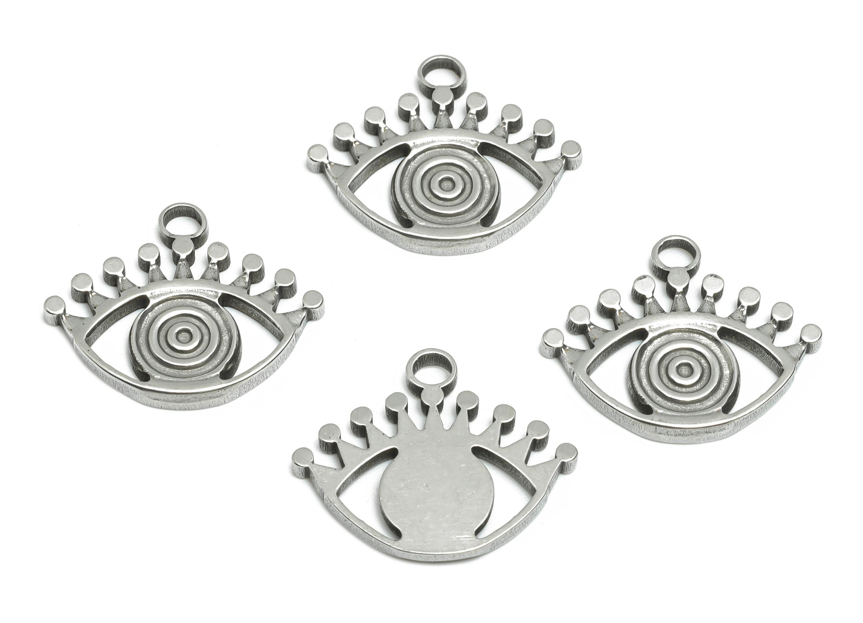 Stainless Steel Evil Eye Charm - Minimalist Steel Eye Pendant - Mystical Eye Symbol - Steel Jewelry Component - 16.48x19.75x1.8mm - SS1770 - DOMEDBAZAAR