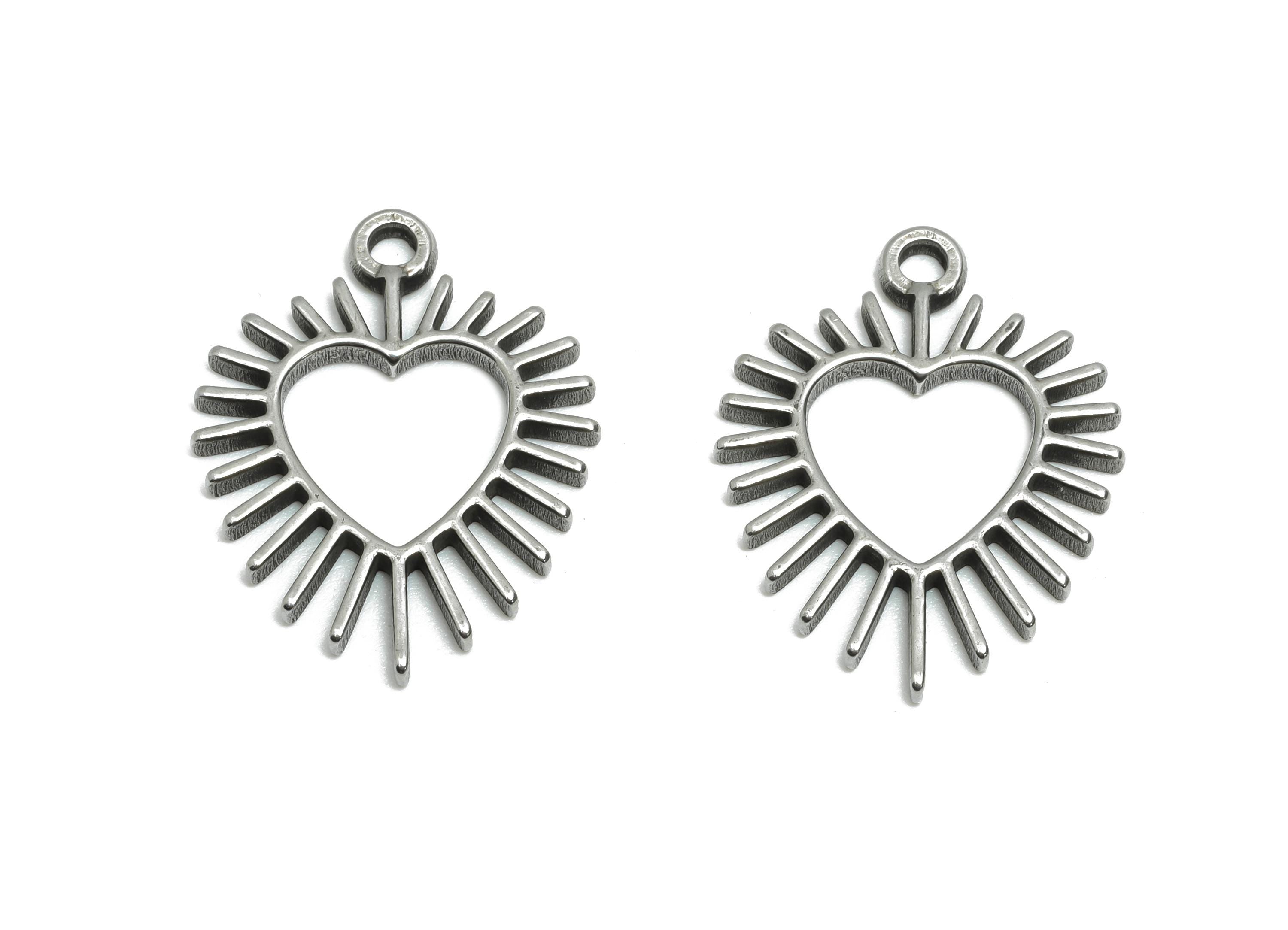 Steel Heart Pendant - Sunburst Heart Charm for Bracelet - Sunshine Vintage Heart Pendant For DIY - Steel Jewelry - 20x15x1.64mm - SS1944 - DOMEDBAZAAR