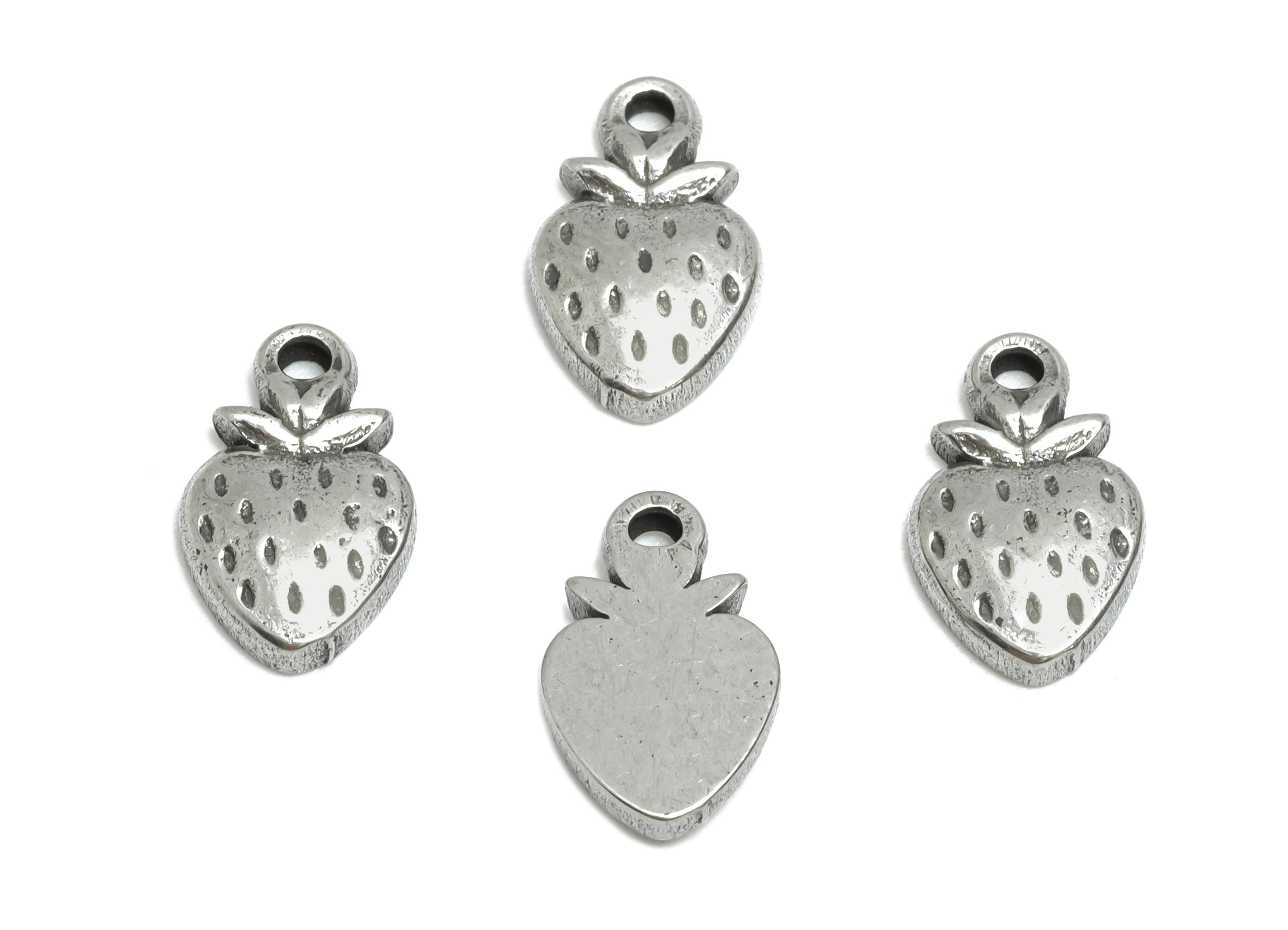 Steel Strawberry Charm - Mini Silver Strawberry Charm for Bracelet - Cute Steel Fruit Charm - Jewelry Component - 10.8x6.78x2.19mm - SS1774 - DOMEDBAZAAR