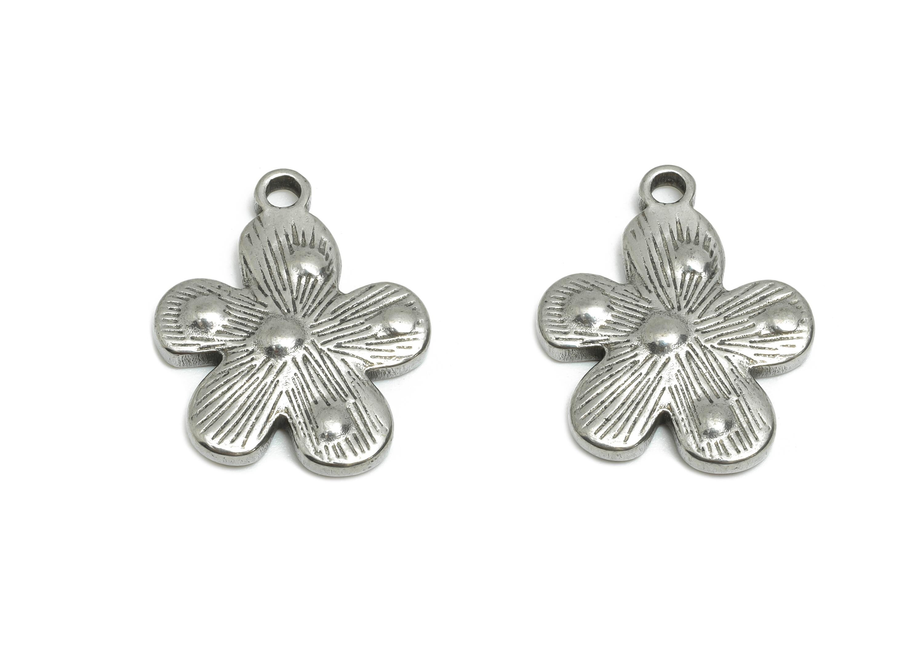 Steel Flower Pendant - Steel Floral Pendant for Necklace - Nature Botanical Spring Charm - Elegant Jewelry Making - 20x16.69x2.8mm - SS1773 - DOMEDBAZAAR