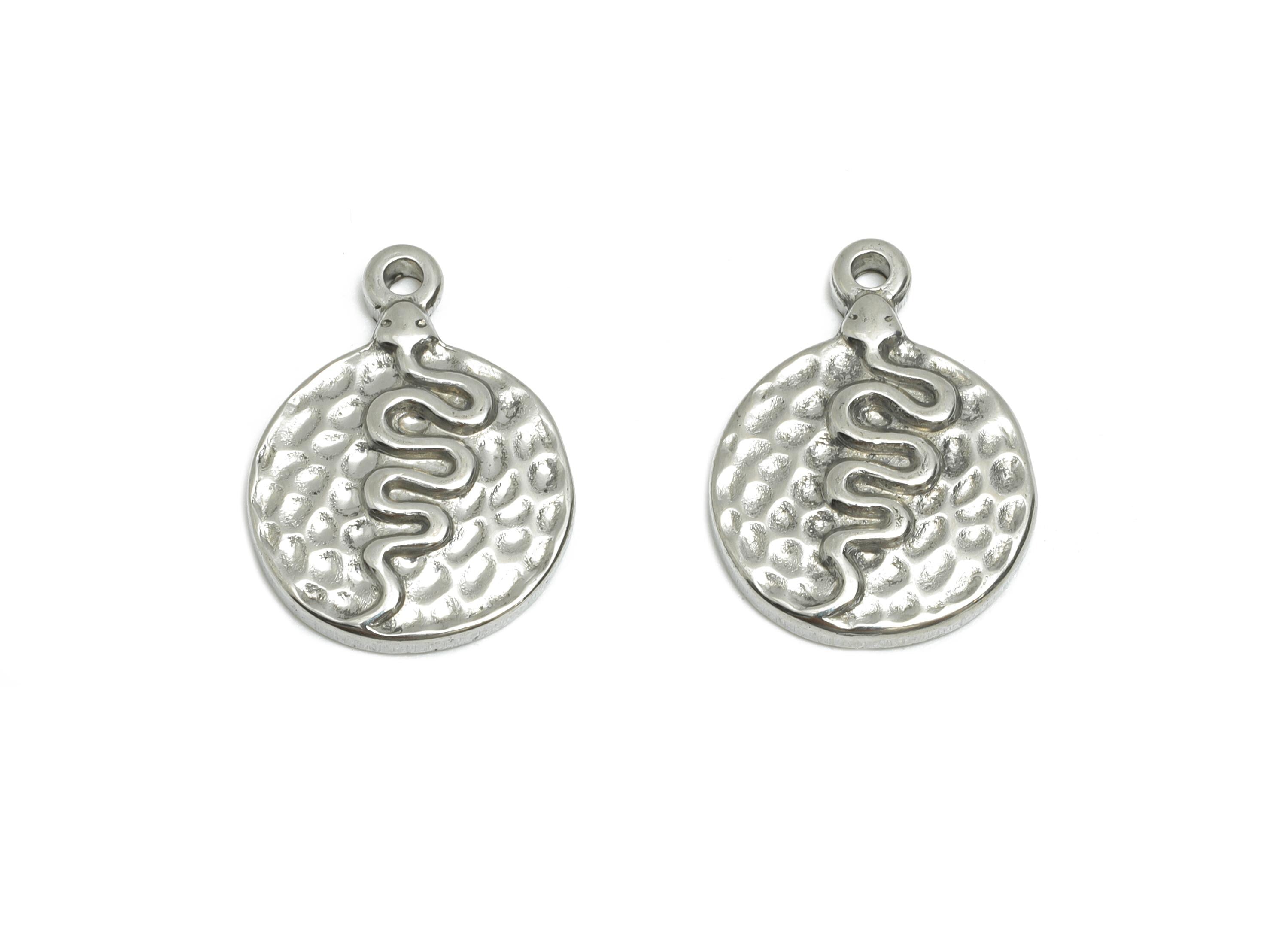 Steel Snake Charms - Hammered Round Snake Pendant for Necklace - Textured Snake Jewelry Accent - Steel Finding - 16.54x12.31x2.04mm - SS1799 - DOMEDBAZAAR