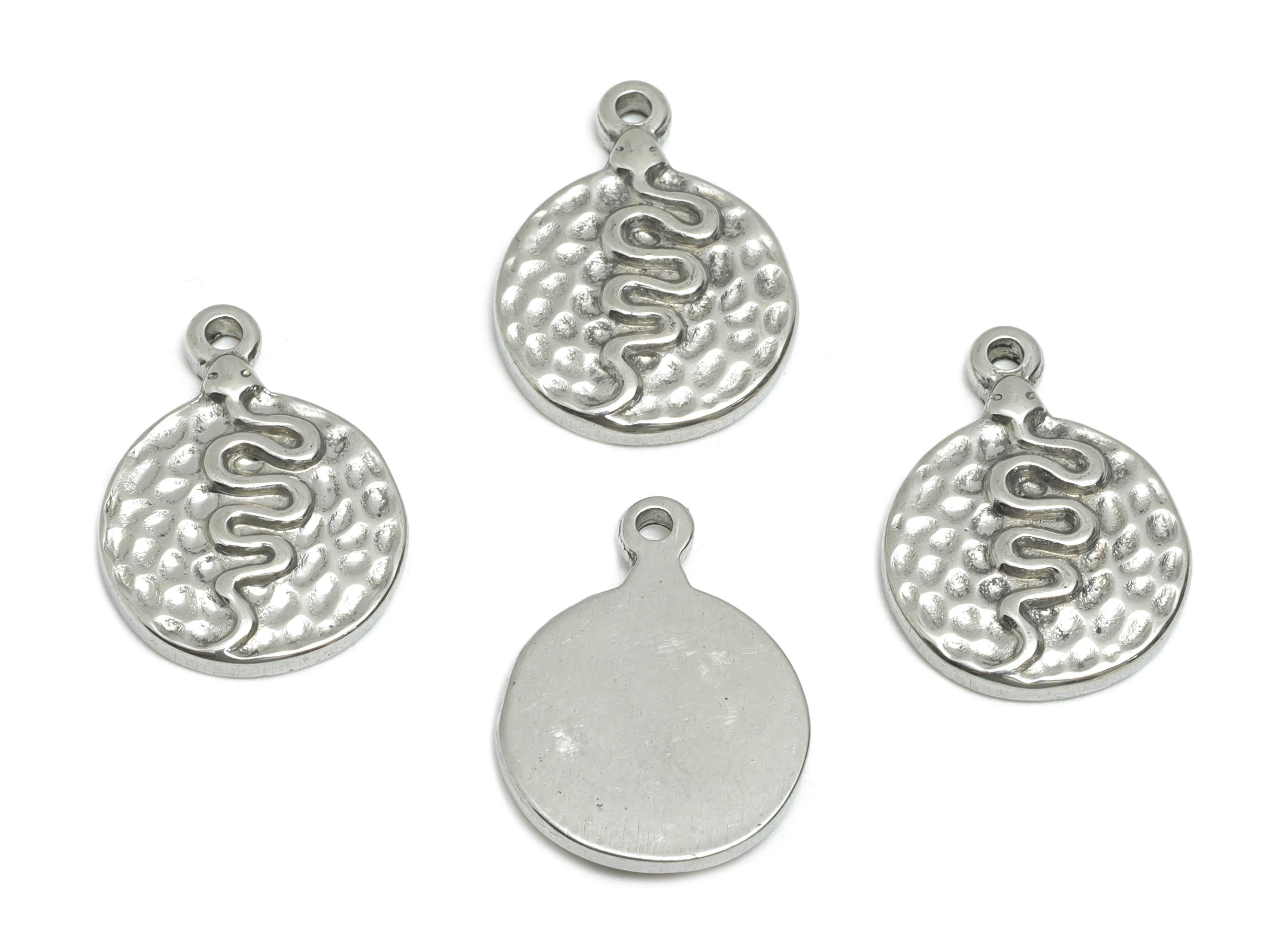 Steel Snake Charms - Hammered Round Snake Pendant for Necklace - Textured Snake Jewelry Accent - Steel Finding - 16.54x12.31x2.04mm - SS1799 - DOMEDBAZAAR