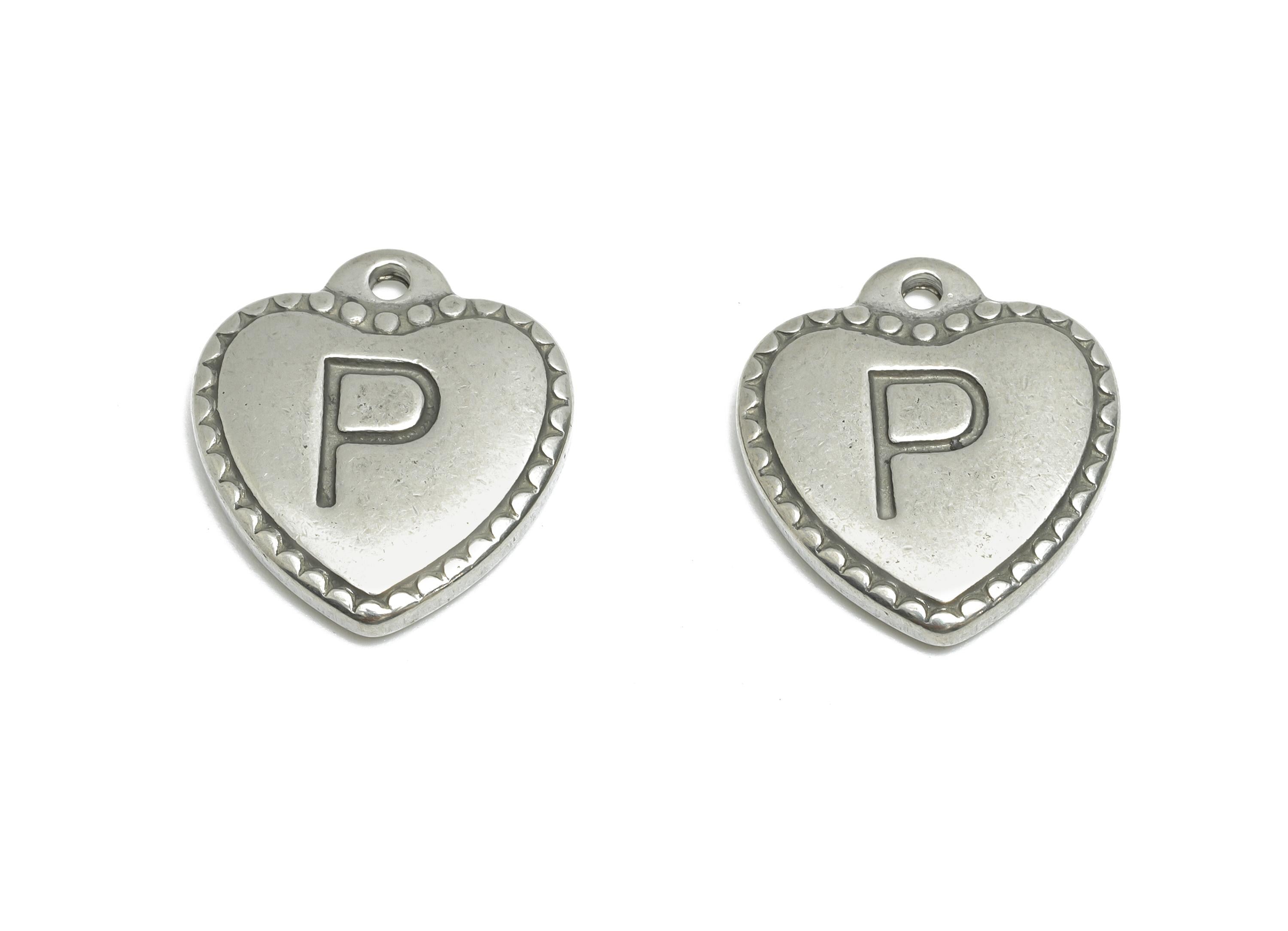 Stainless Steel Heart Pendant - Letter P Charm for Necklace - Vintage Romantic Jewelry - Custom Jewelry Component - 17x16x2.83mm - SS1952 - DOMEDBAZAAR