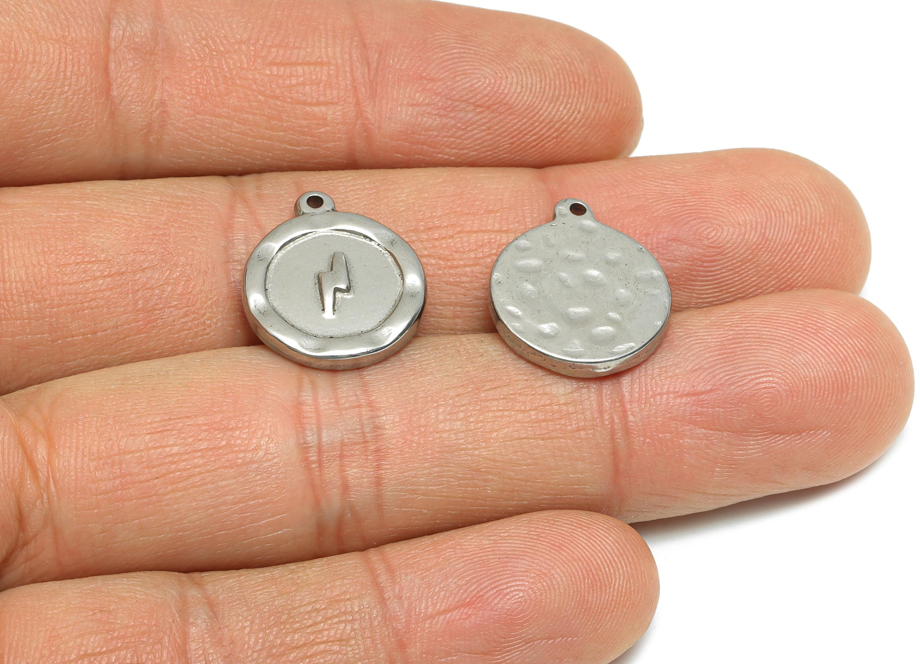 Steel lightning Pendant - Hammered Jewelry For Necklace - Minimalist Round Pendant with lightning - Whimsical Jewelry - 18x15x2mm - SS1892 - DOMEDBAZAAR