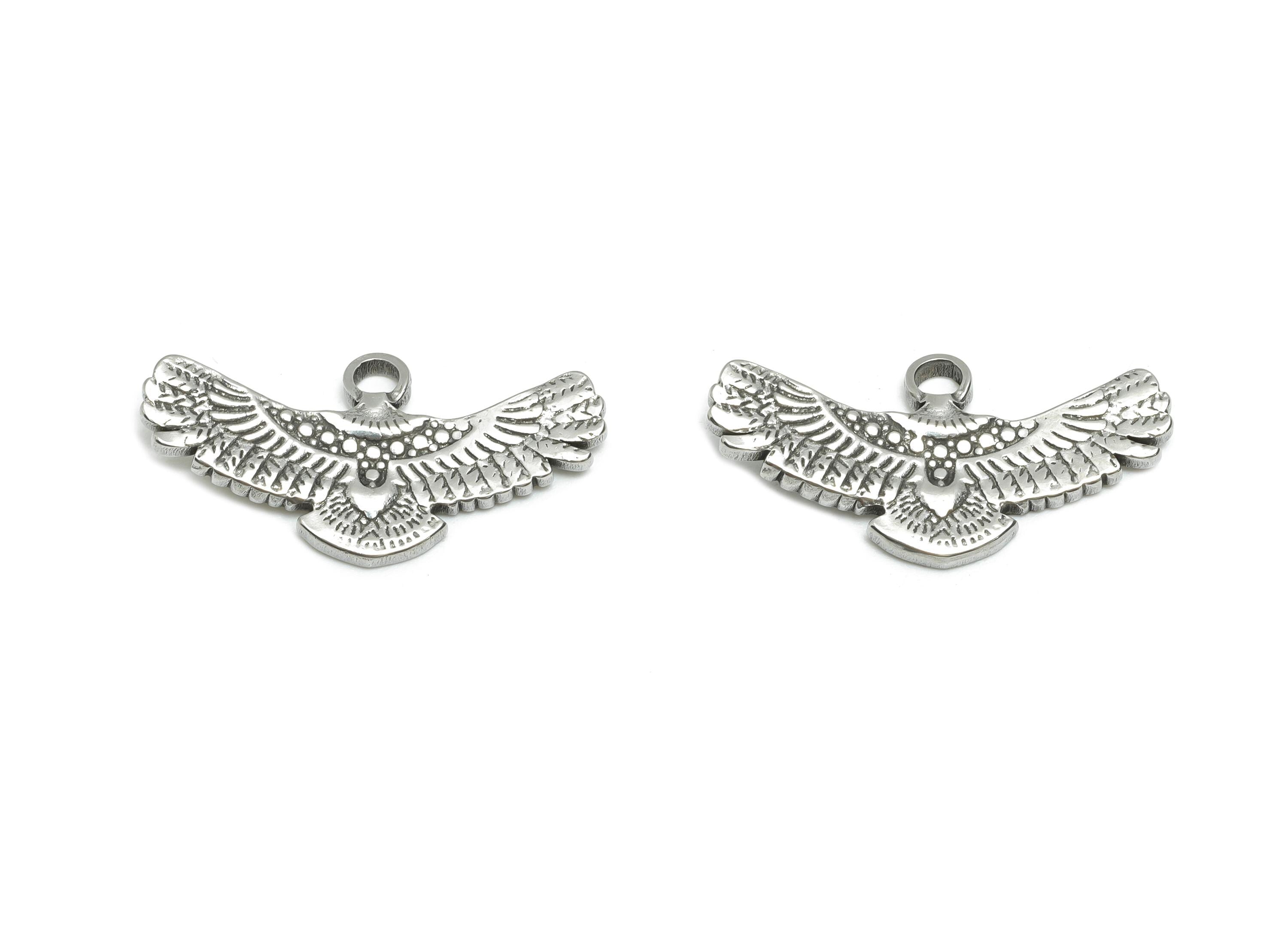 Stainless Steel Eagle Wing Charm - Textured Bird Pendant for Necklace - Freedom Detailed Feathers - Steel Jewelry - 25x12x1.81mm - SS1843 - DOMEDBAZAAR