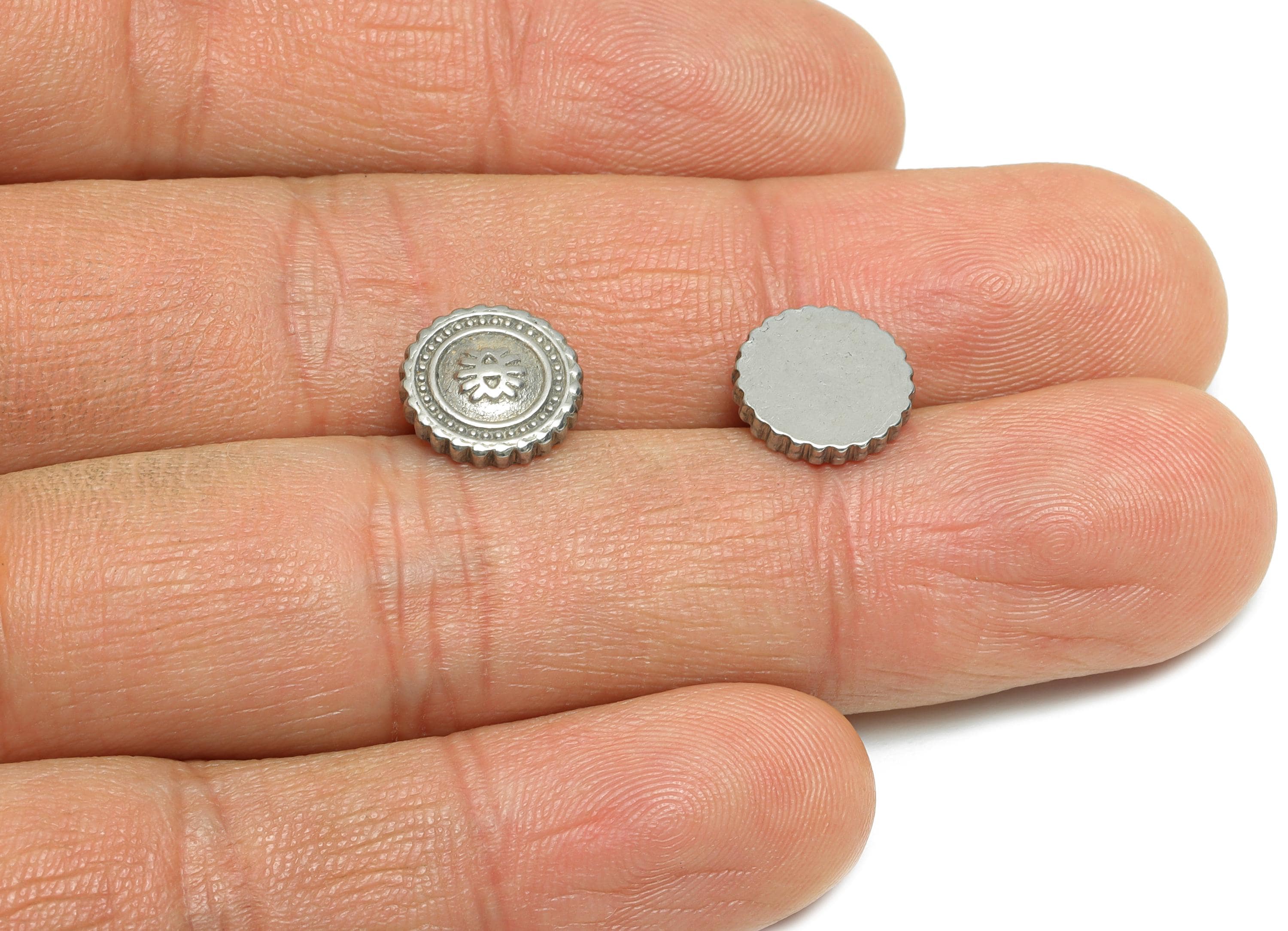 Stainless Steel Vintage Charm - Metal Silver Geometric Charm - Textured Round Charm - Artisan Jewelry Finding - 10.49x10.5x2.37mm - SS1804 - DOMEDBAZAAR