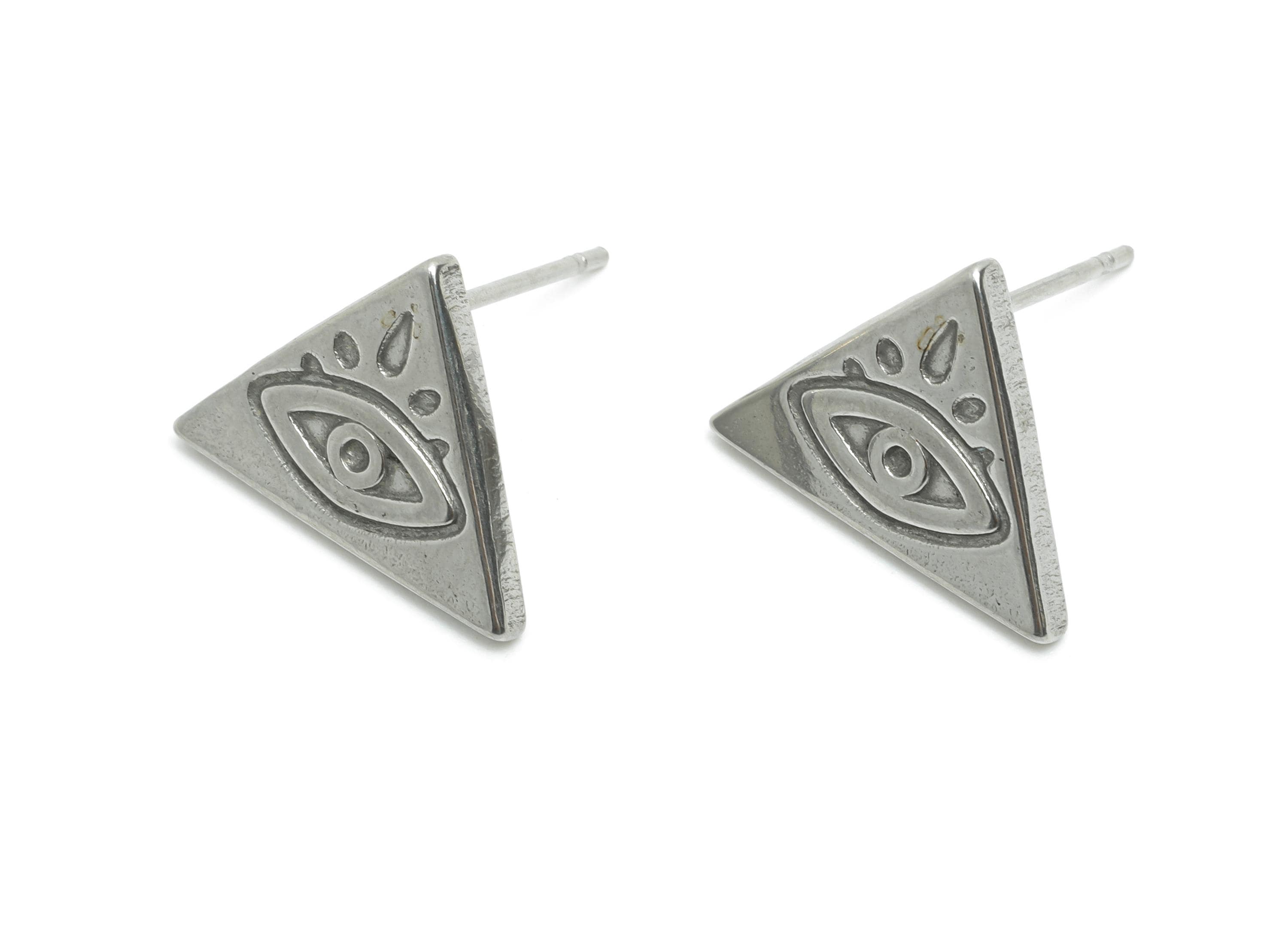 Steel Evil Eye Earring Studs - Triangle Silver Eye Earring Posts - Minimalist Geometric Studs - Earring Finding - 15.85x11.78x1.8mm - SS2156 - DOMEDBAZAAR