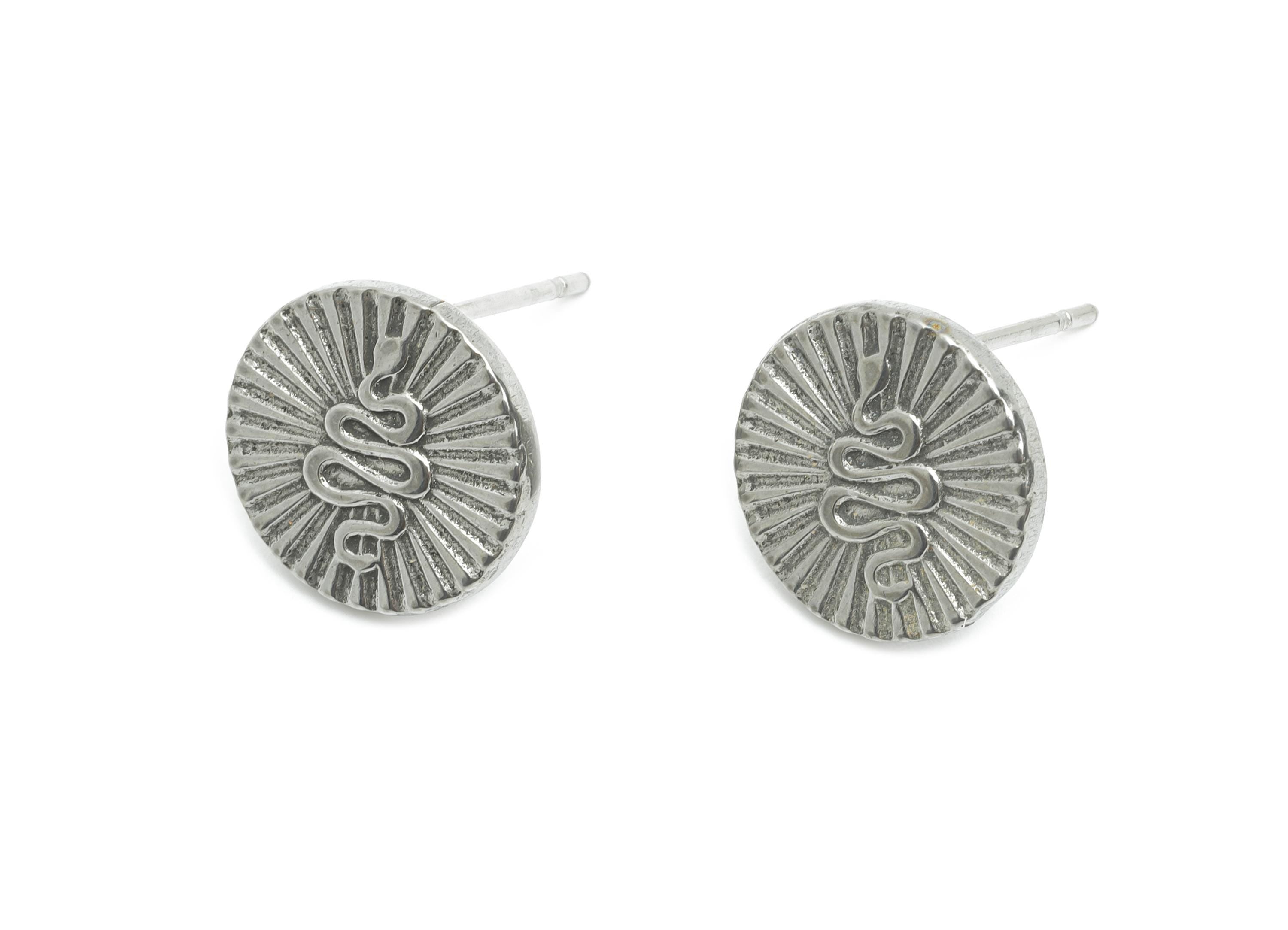 Stainless Steel Snake Studs - Sunburst Silver Snake Earring Post - Ancient Coin Snake Earring - Steel Jewelry - 12.36x12.27x1.36mm - SS2179 - DOMEDBAZAAR