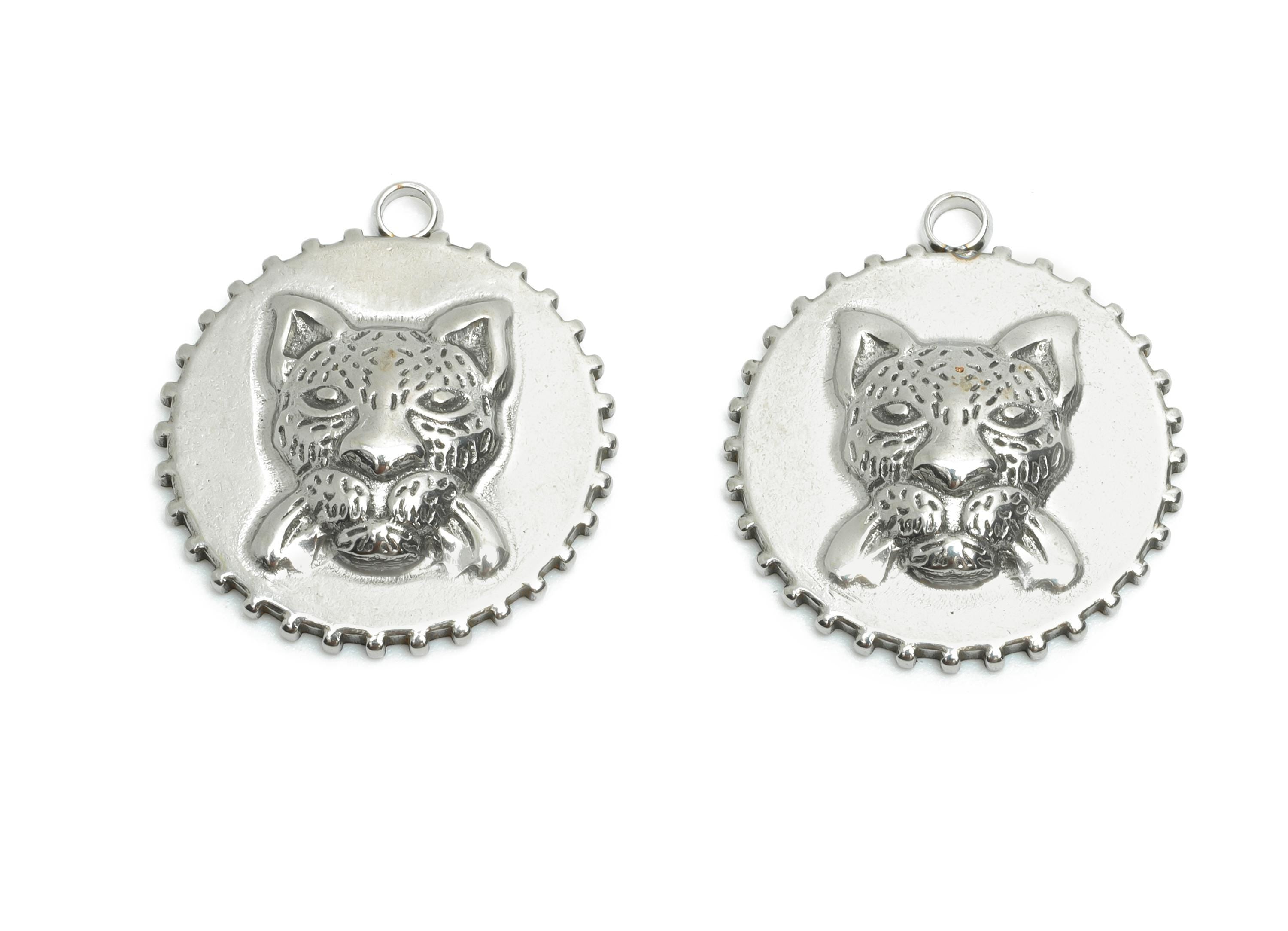 Stainless Steel Tiger Charm - Unique Jaguar Animal Necklace Pendant - Modern Steel Tiger Charm - Jewelry Making - 20.27x18x3.28mm - SS2186 - DOMEDBAZAAR