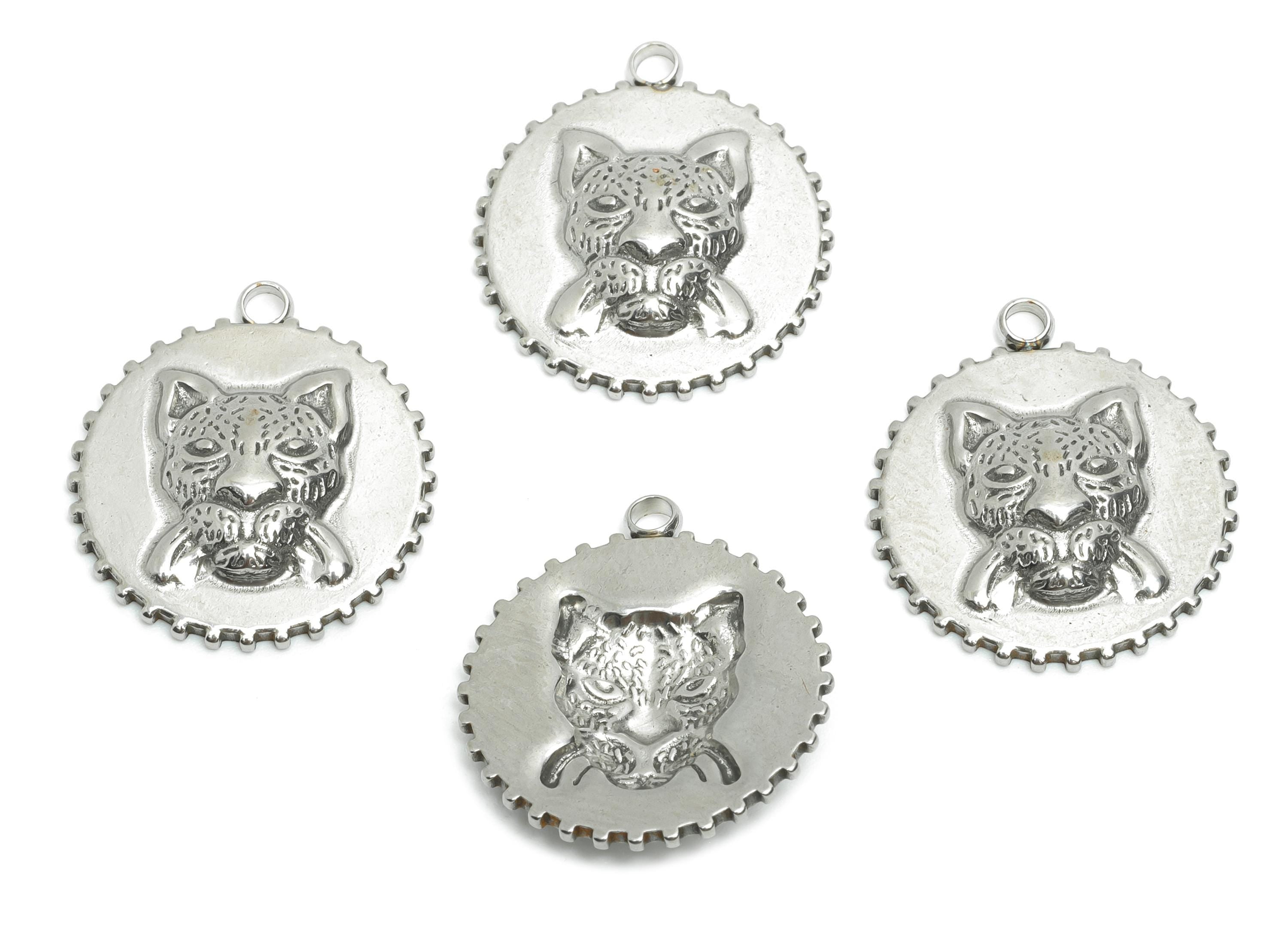 Stainless Steel Tiger Charm - Unique Jaguar Animal Necklace Pendant - Modern Steel Tiger Charm - Jewelry Making - 20.27x18x3.28mm - SS2186 - DOMEDBAZAAR