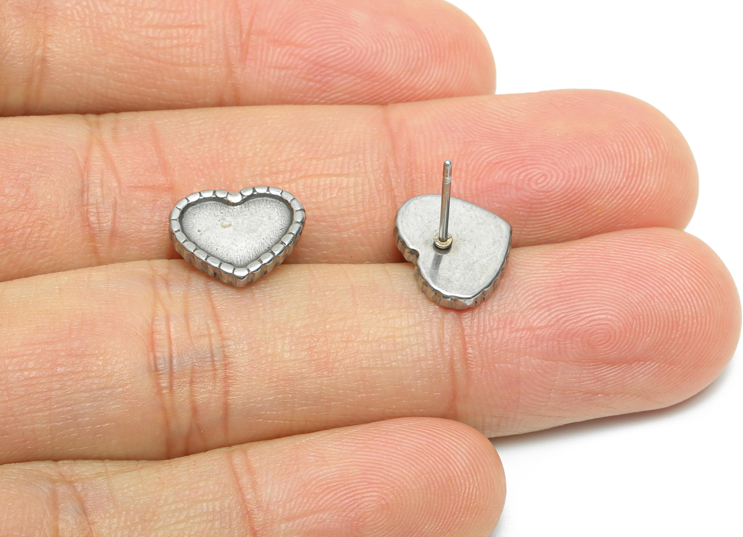 Heart Bezel Stud Earring - Steel Vintage Earring Post - Romantic Handmade Jewelry - Earring for Personalized Creations - 12x10x1mm - SS2149 - DOMEDBAZAAR