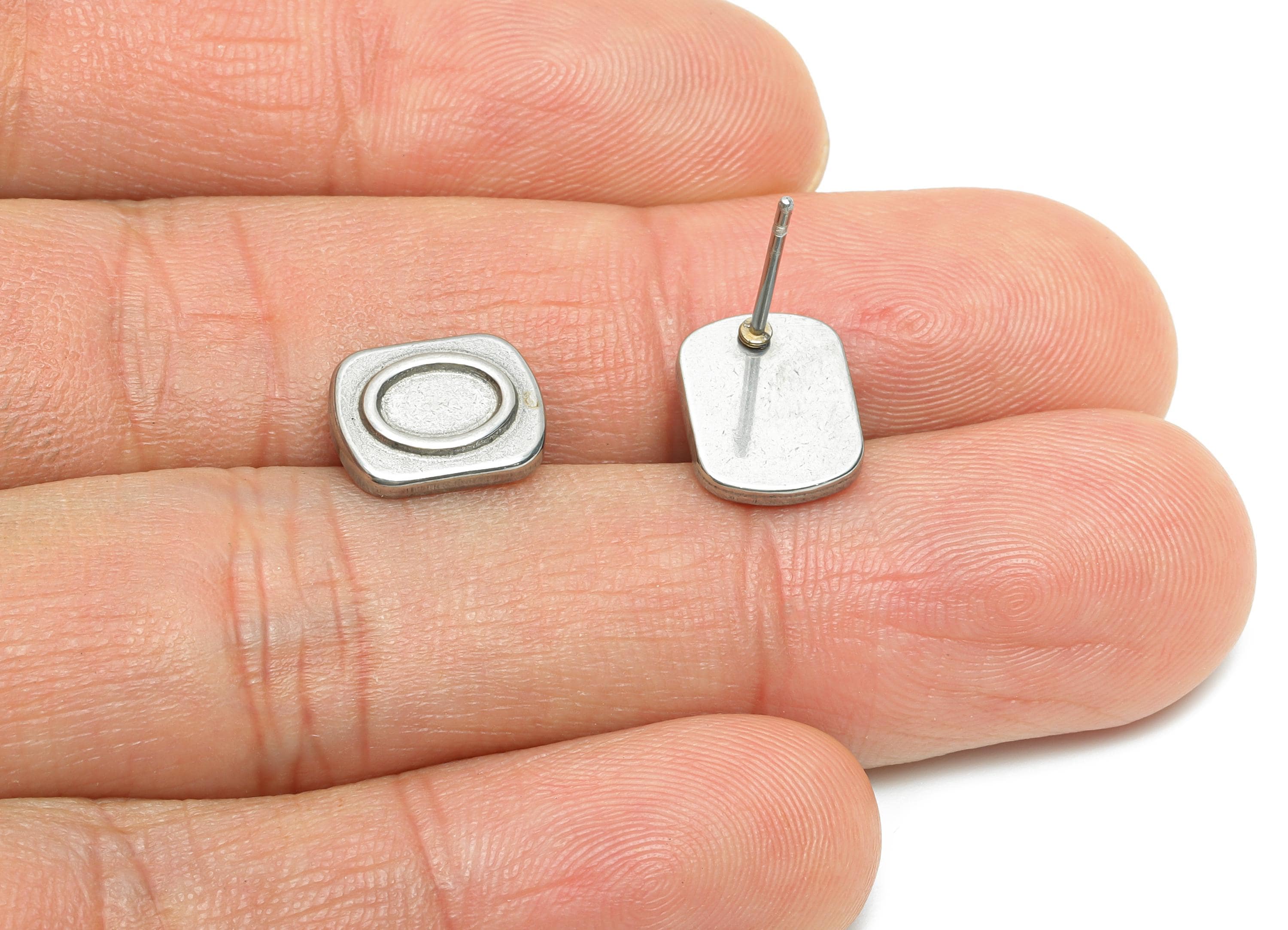 Oval Bezel Stud Earring - Steel Vintage Earring Post - Tiny Rectangular Stud Earring Settings - Antique Stud Earrings - 10.88x8x2mm - SS2165 - DOMEDBAZAAR