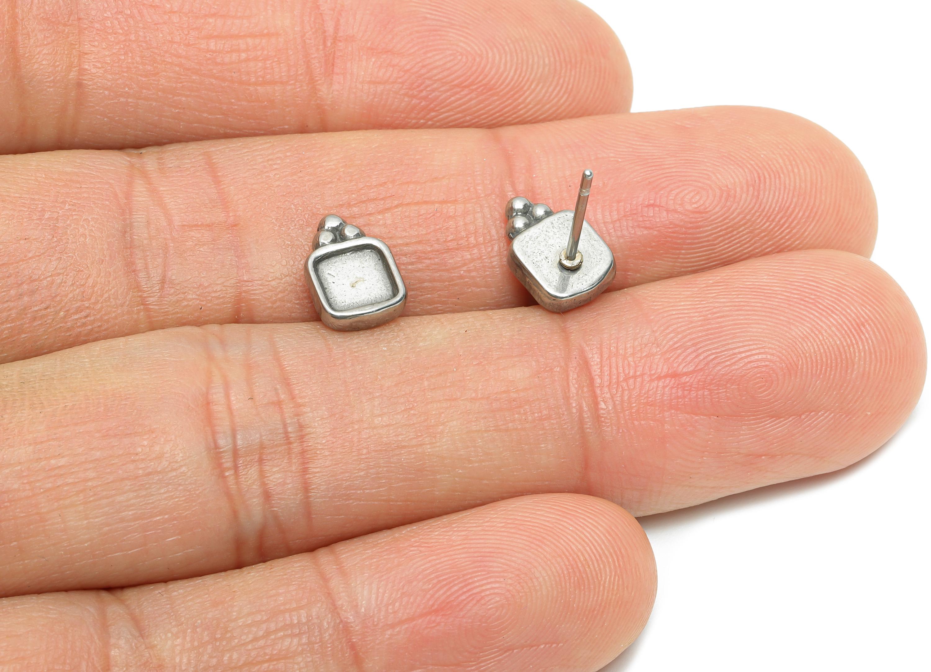 Oval Bezel Stud Earring - Steel Vintage Earring Post - Handmade Small Cabochon Earring - Mini Square Bezel Stud Earring - 9x6x2mm - SS2170 - DOMEDBAZAAR