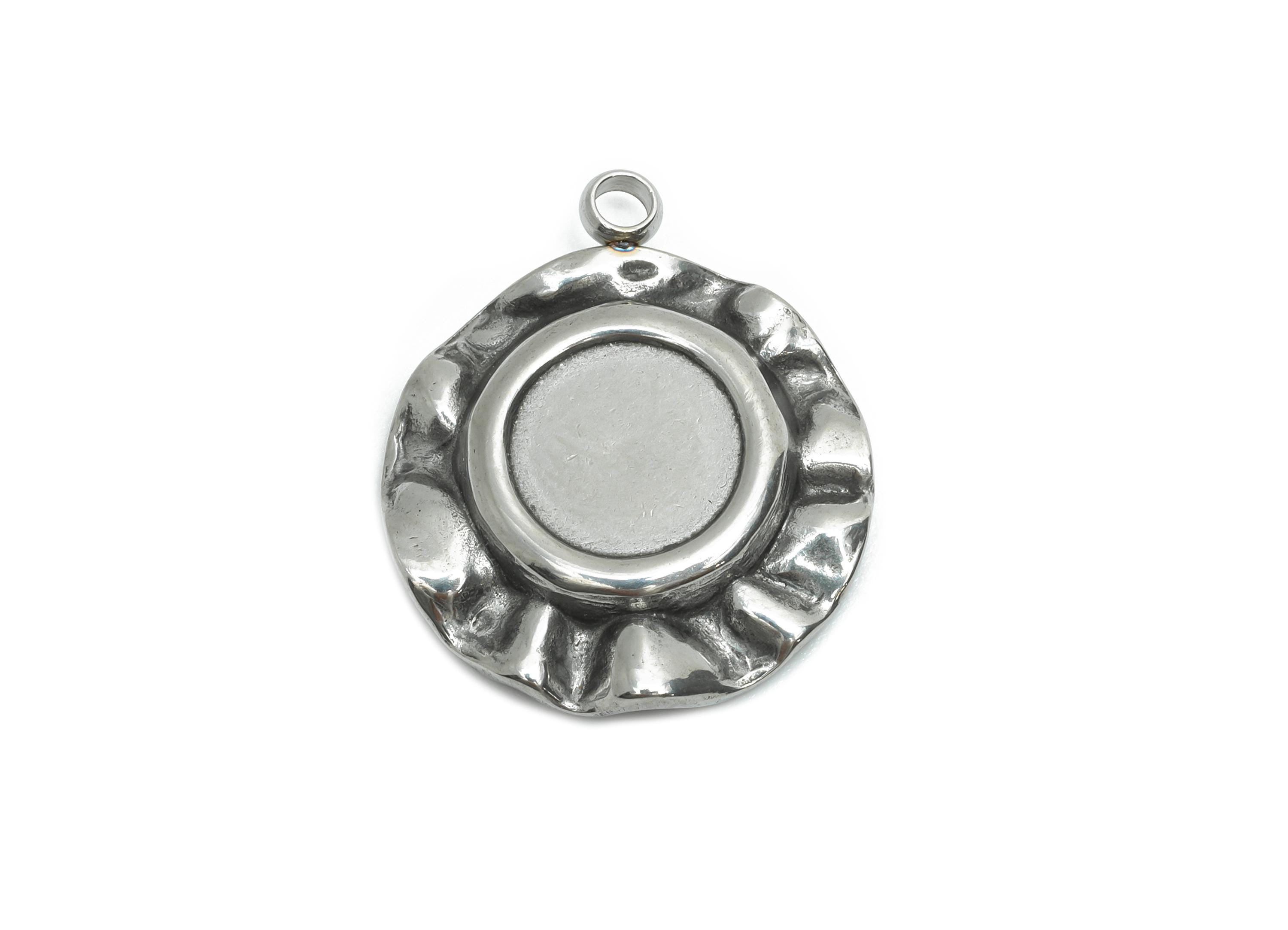 Stainless Steel Floral Pendant - Round Ruffled Pendant for Necklace - Antique Celestial Charm - Steel Jewelry Making - 19.97x17x3mm - SS2206 - DOMEDBAZAAR