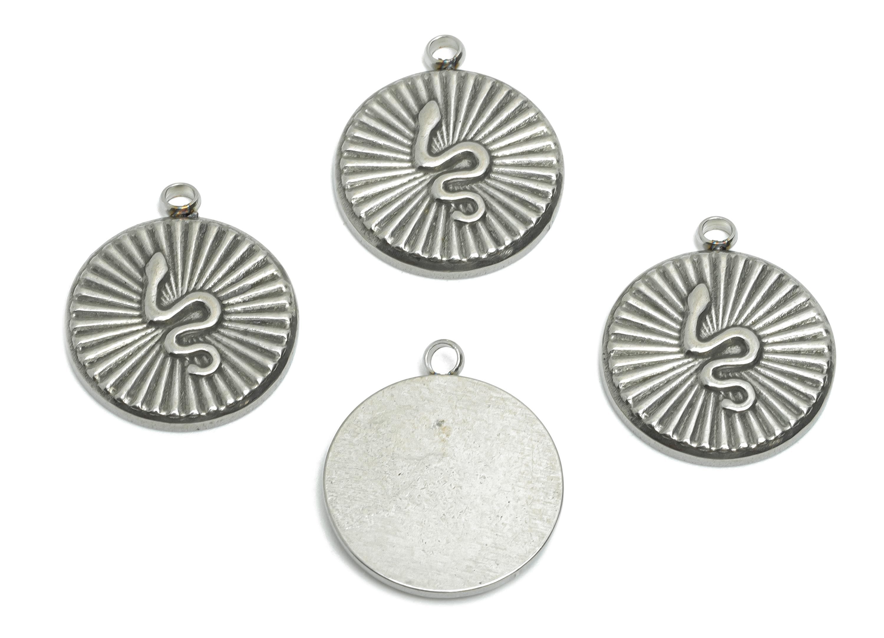 Stainless Steel Snake Charm - Textured Round Sunburst Snake Pendant - Mystical Serpent Charms -Steel Jewelry DIY - 18.7x15.9x2.12mm - SS2191 - DOMEDBAZAAR
