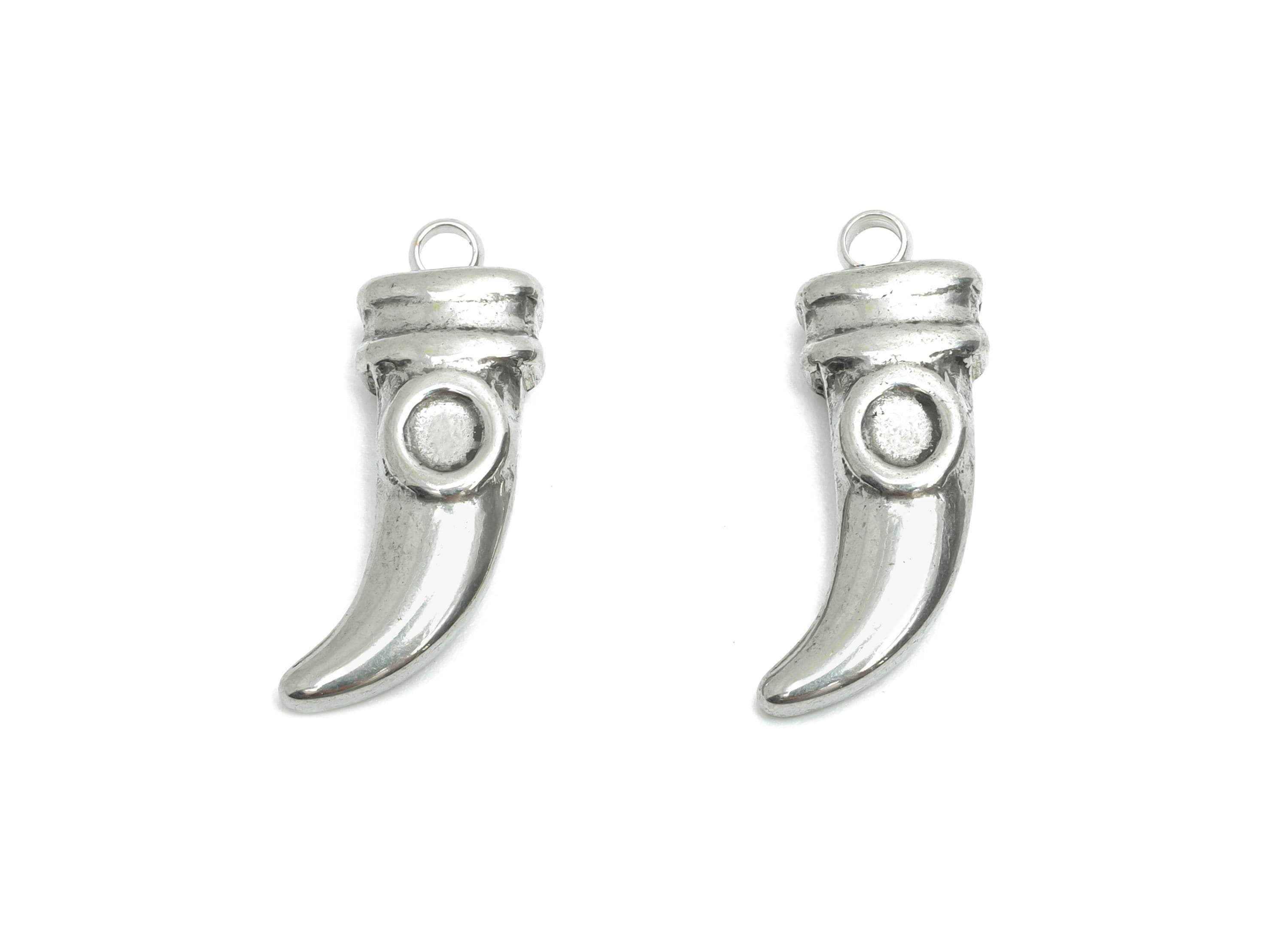 Steel Horn Charms - Silver Curved Horn Pendant for Gem - Handmade Horn Lucky Necklace Pendant - Steel Jewelry DIY - 20.4x7.4x4.58mm - SS2193 - DOMEDBAZAAR