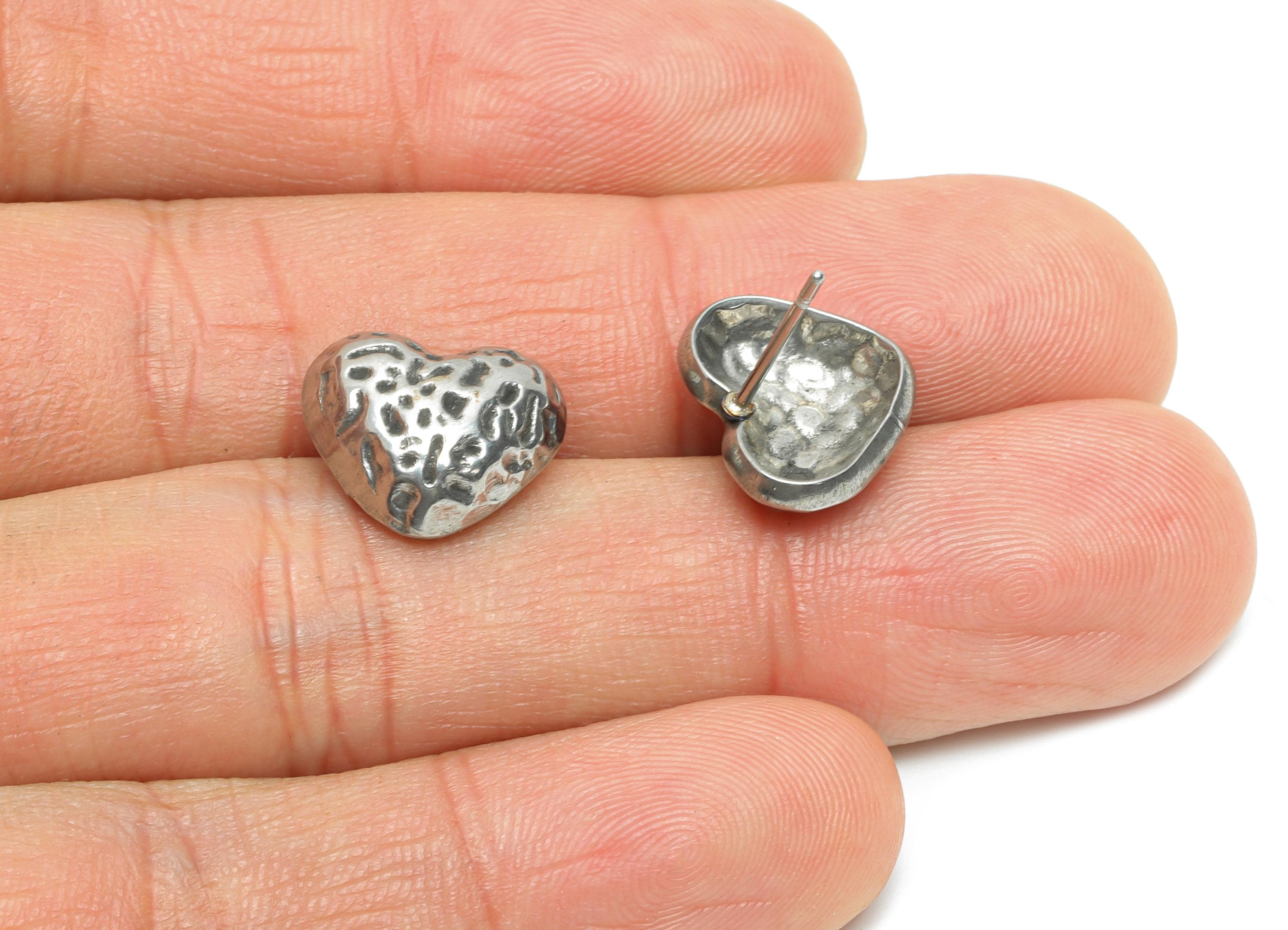 Steel Heart Earring Studs - Small Textured Heart Earring Post - Vintage Textured Heart Studs - Steel Jewelry Finding - 11x13x4.84mm - SS2176 - DOMEDBAZAAR