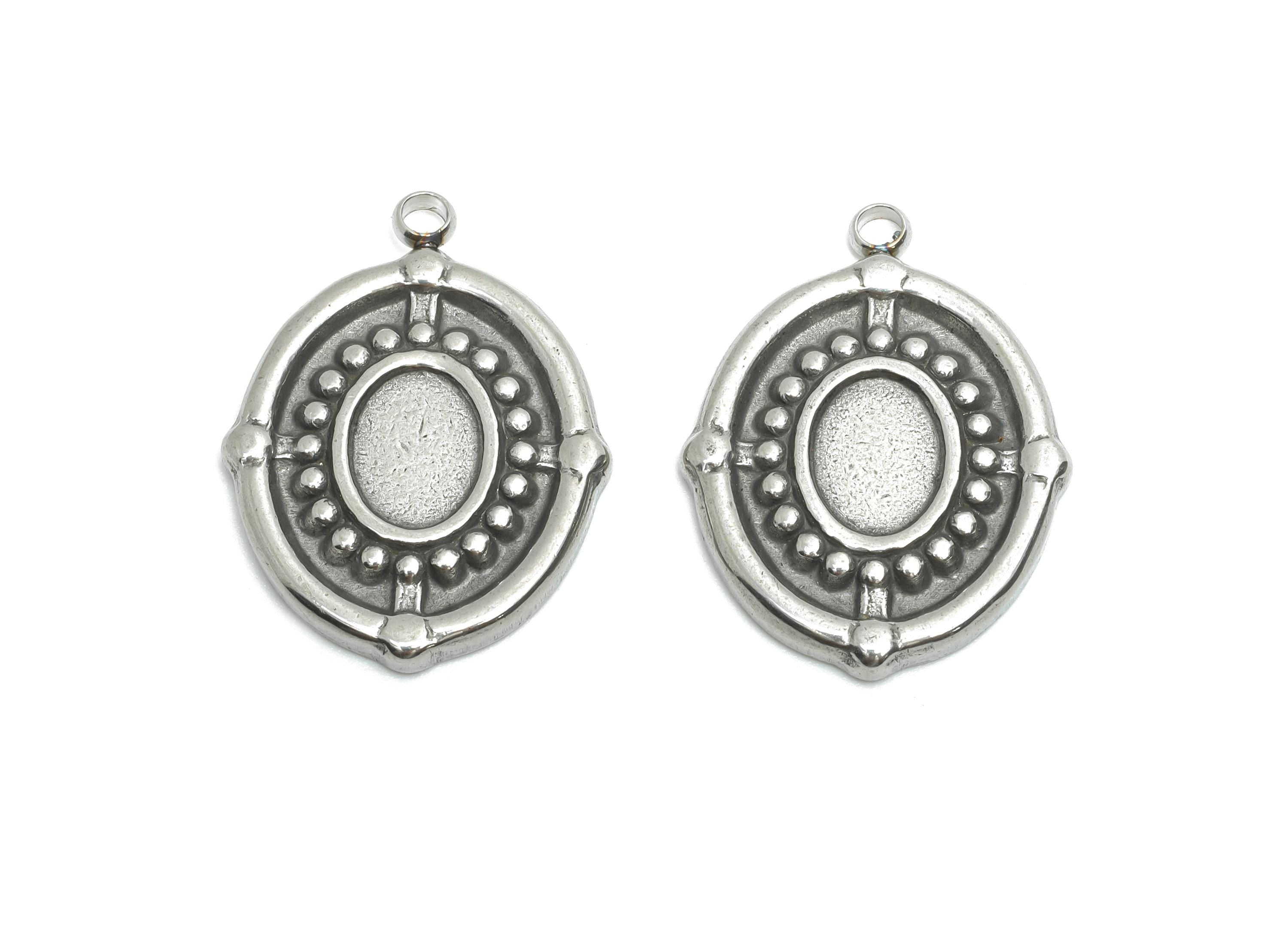 Steel Oval Charms - Vintage Silver Geometric Necklace Pendant - Elegant Handmade Metal Jewelry - Steel Findings - 23x17.3x2.23mm - SS2199 - DOMEDBAZAAR