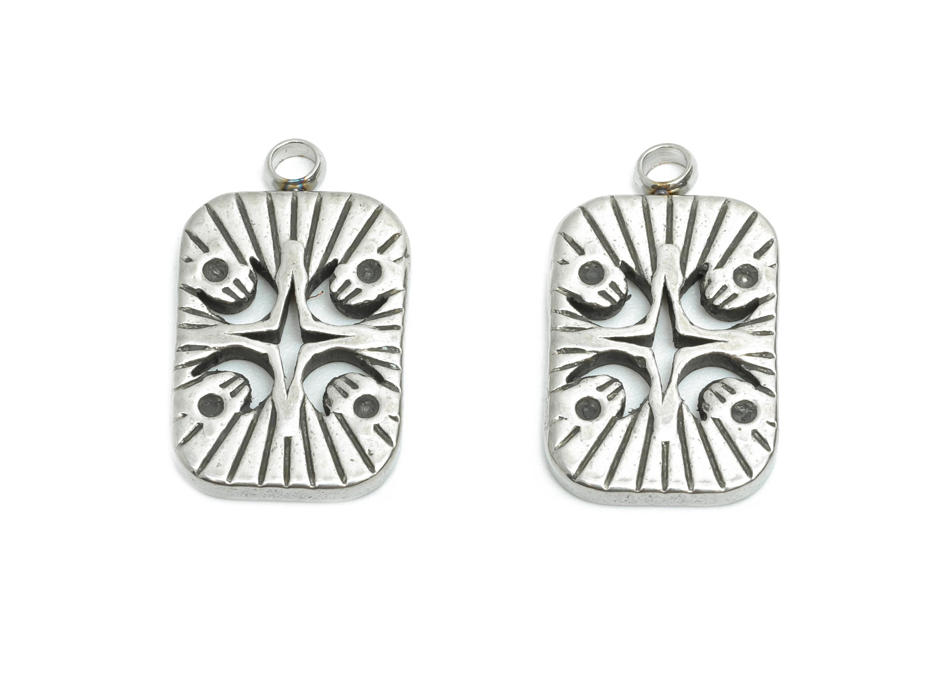 Steel Rectangle Charm - Vintage Geometric Moon Necklace Pendant - Rustic Silver Talisman Pendant - Steel Finding - 17.8x10.59x1.7mm - SS2200 - DOMEDBAZAAR