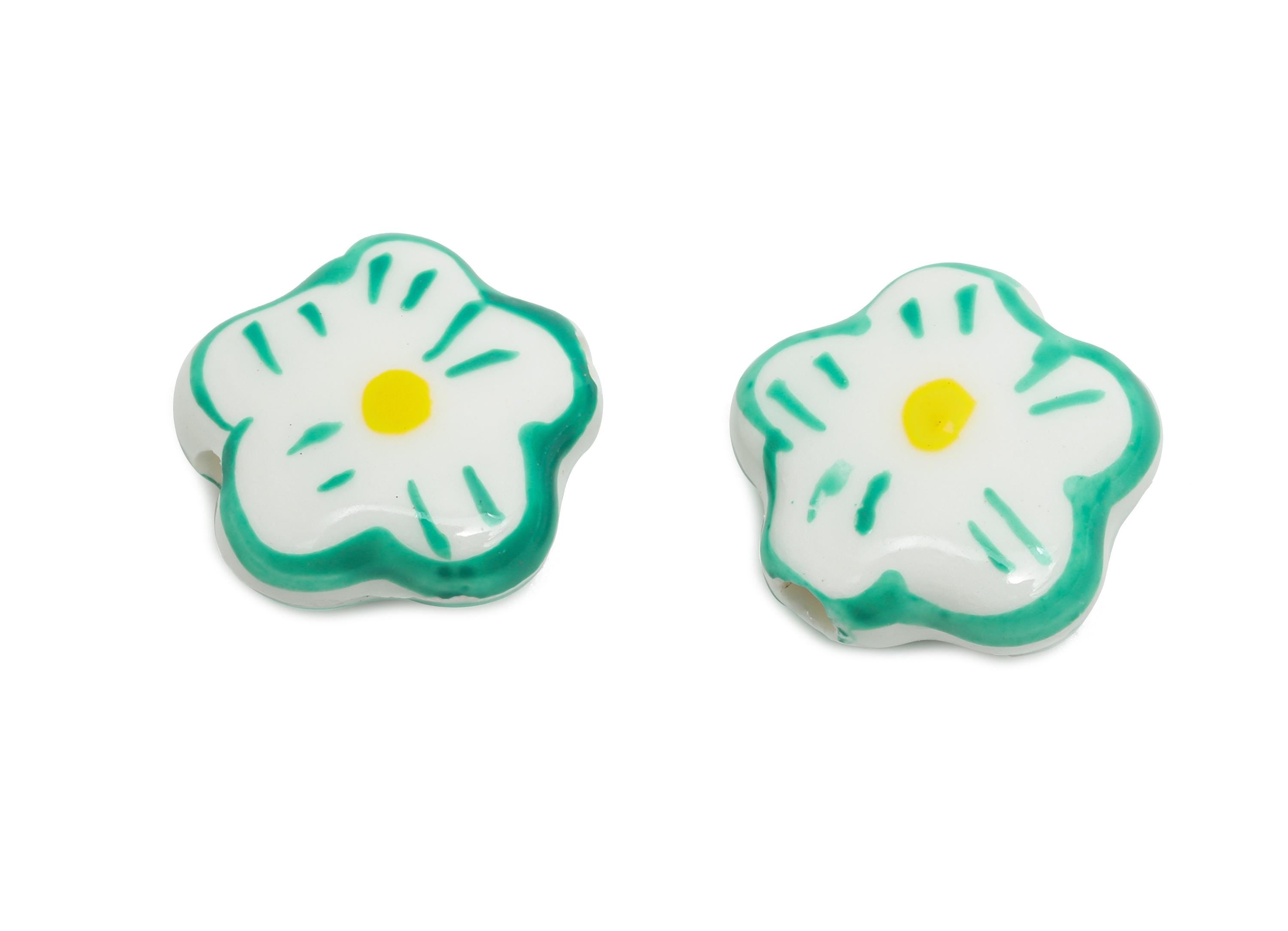 Glazed Ceramic Daisy Beads - Green Flower Bead Connectors - Handmade Jewelry Component - Jewelry Supplies Bead - 14.76x14.46x6.4mm - NS2854A - DOMEDBAZAAR