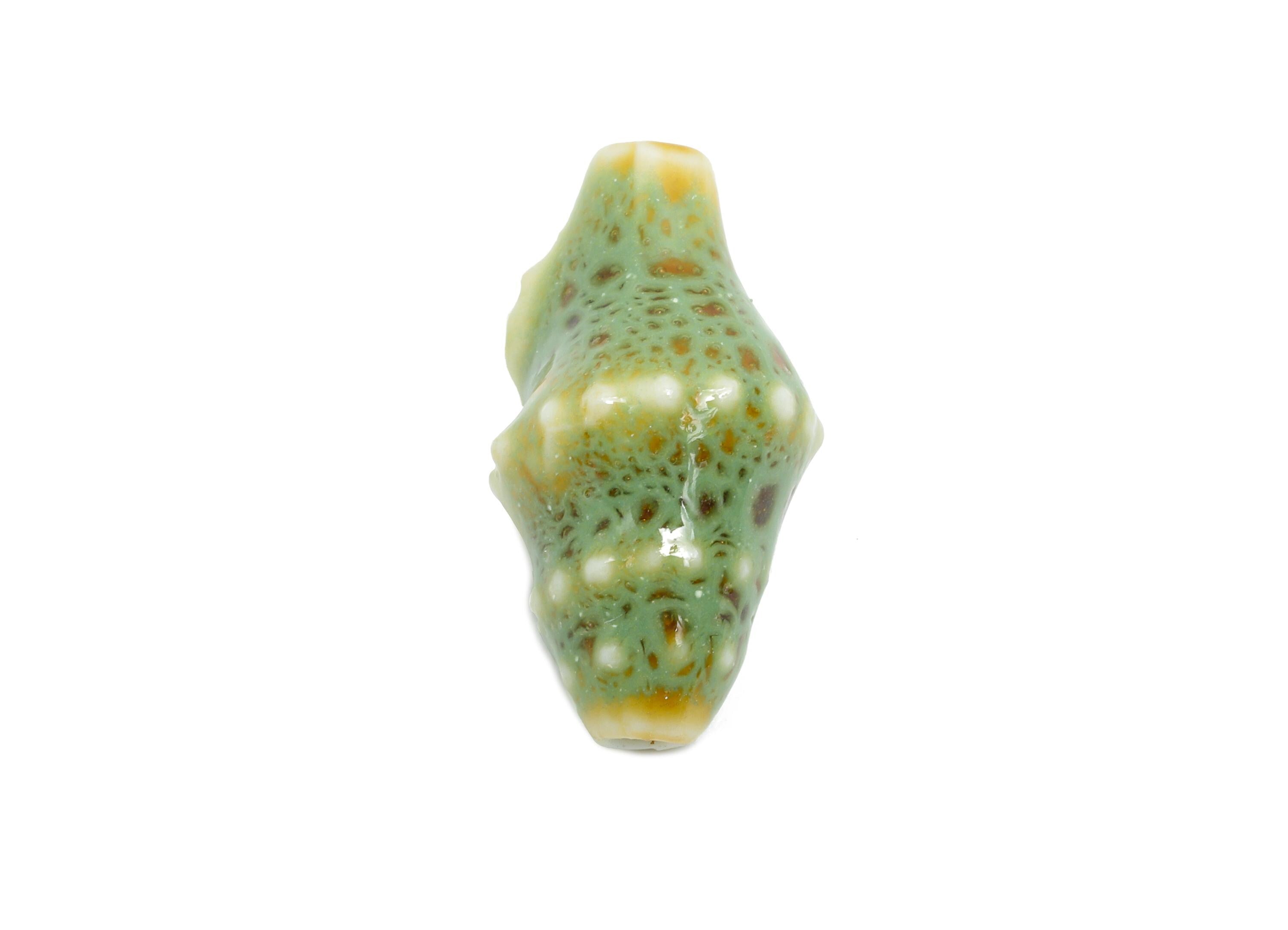Glazed Ceramic Shell Beads - Craft Beads for Necklace or Bracelet - Green Rustic Coastal Bead - Making Supplies - 20x11x10mm - NS2775F - DOMEDBAZAAR