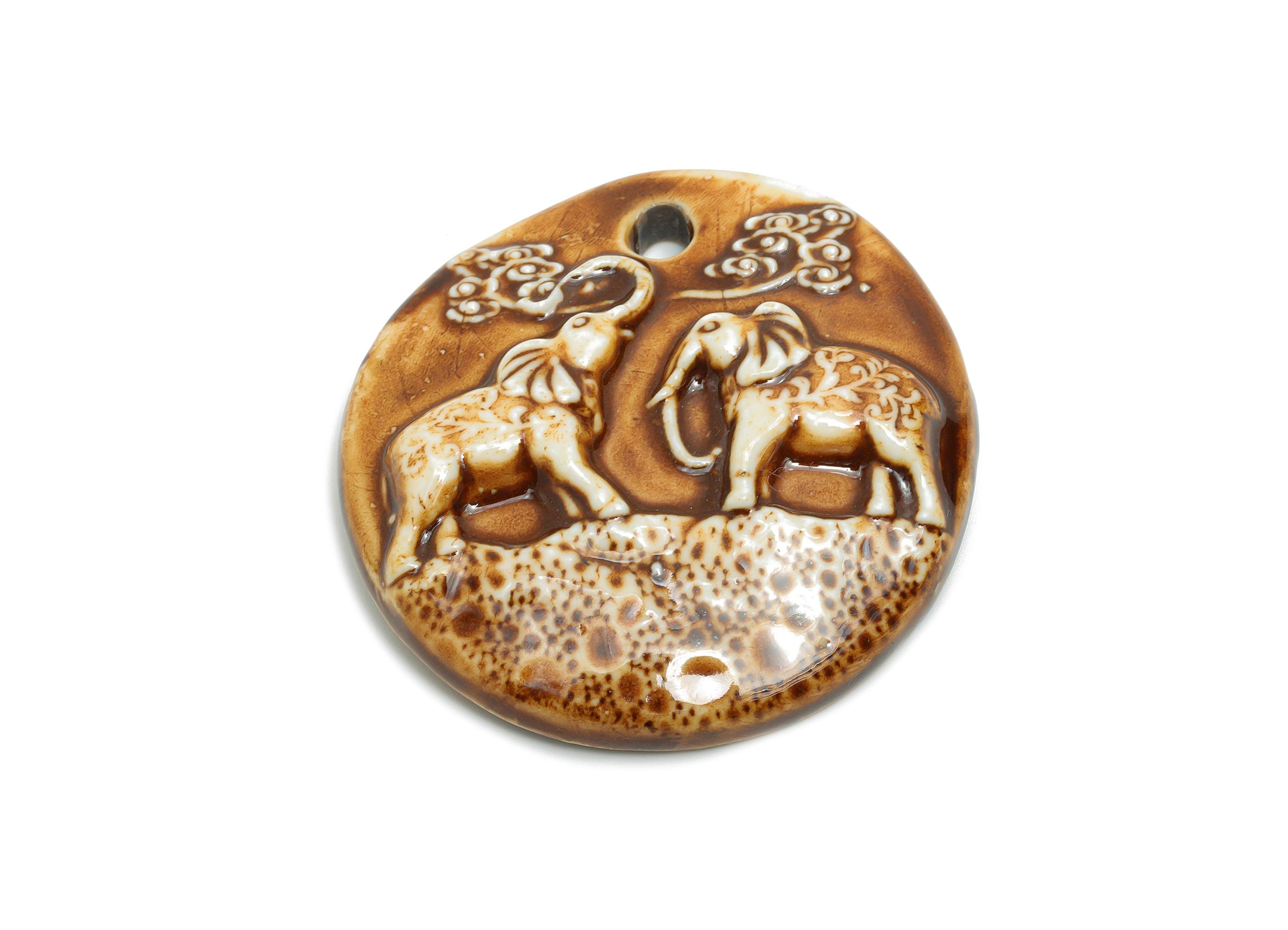 Elephant Ceramic Pendant - Handmade Elephant Charm - African Wildlife Jewelry Supplies - Brown Ceramic Animal Pendant - 50x49x10mm - NS2782 - DOMEDBAZAAR