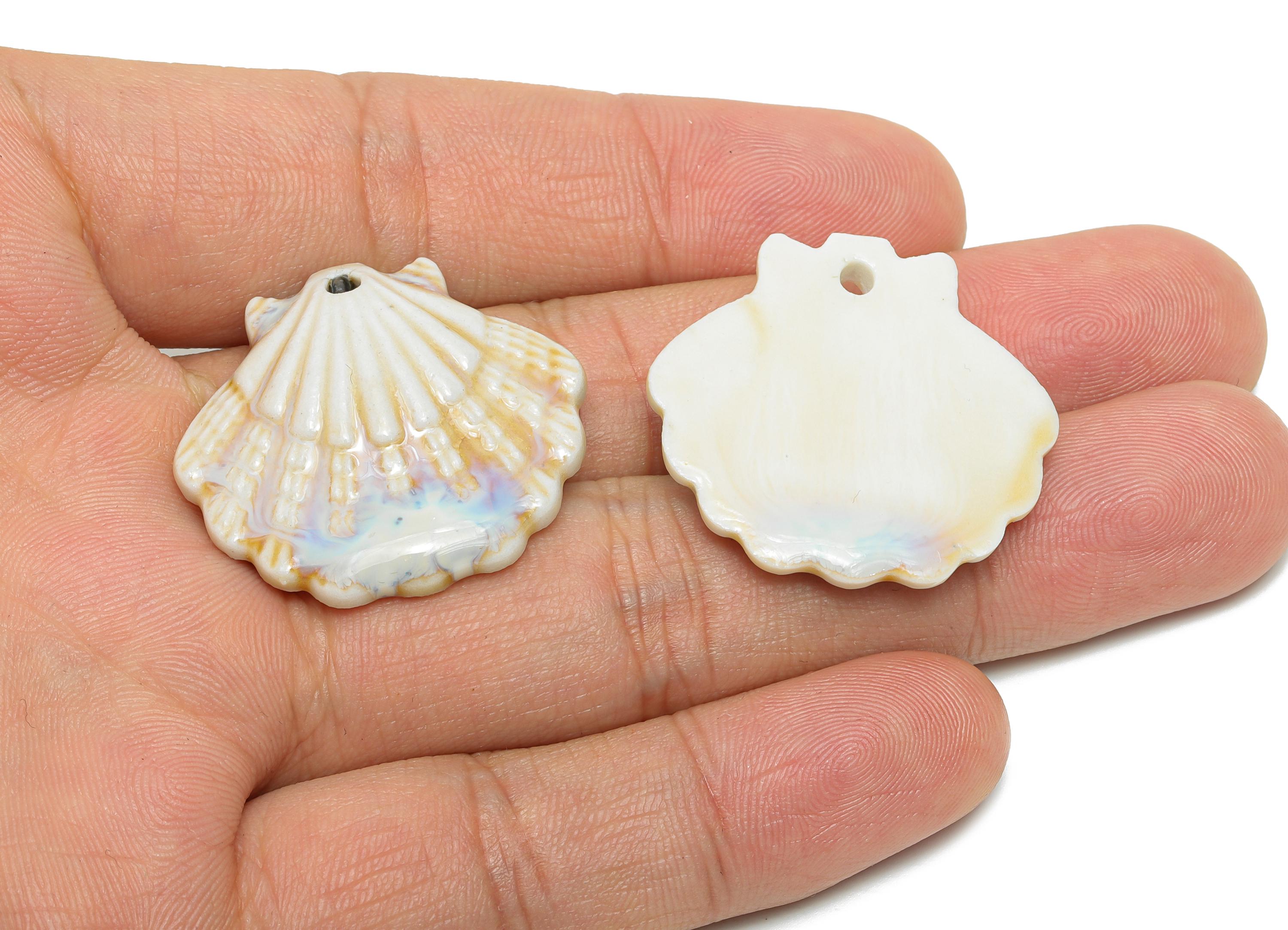 Ceramic Seashell Bead - Textured Coastal Handmade Bead - Sea Life Ceramic Pendant - Handmade Nautical Shell Charm - 28x30x6.17mm - NS2776B - DOMEDBAZAAR