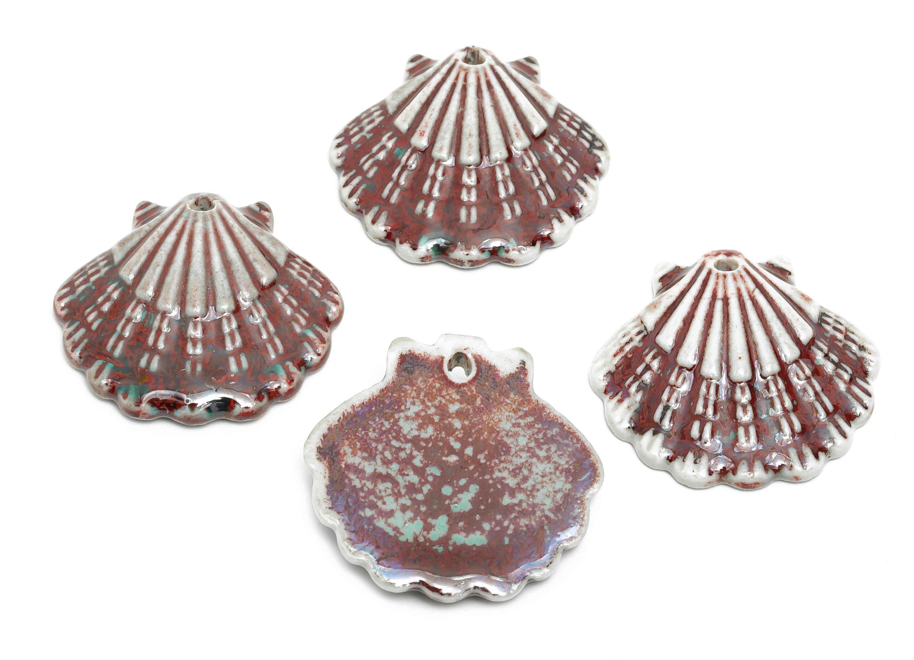 Ceramic Seashell Bead - Textured Coastal Handmade Bead - Sea Life Ceramic Pendant - Handmade Nautical Shell Charm - 28x30x6.17mm - NS2776C - DOMEDBAZAAR