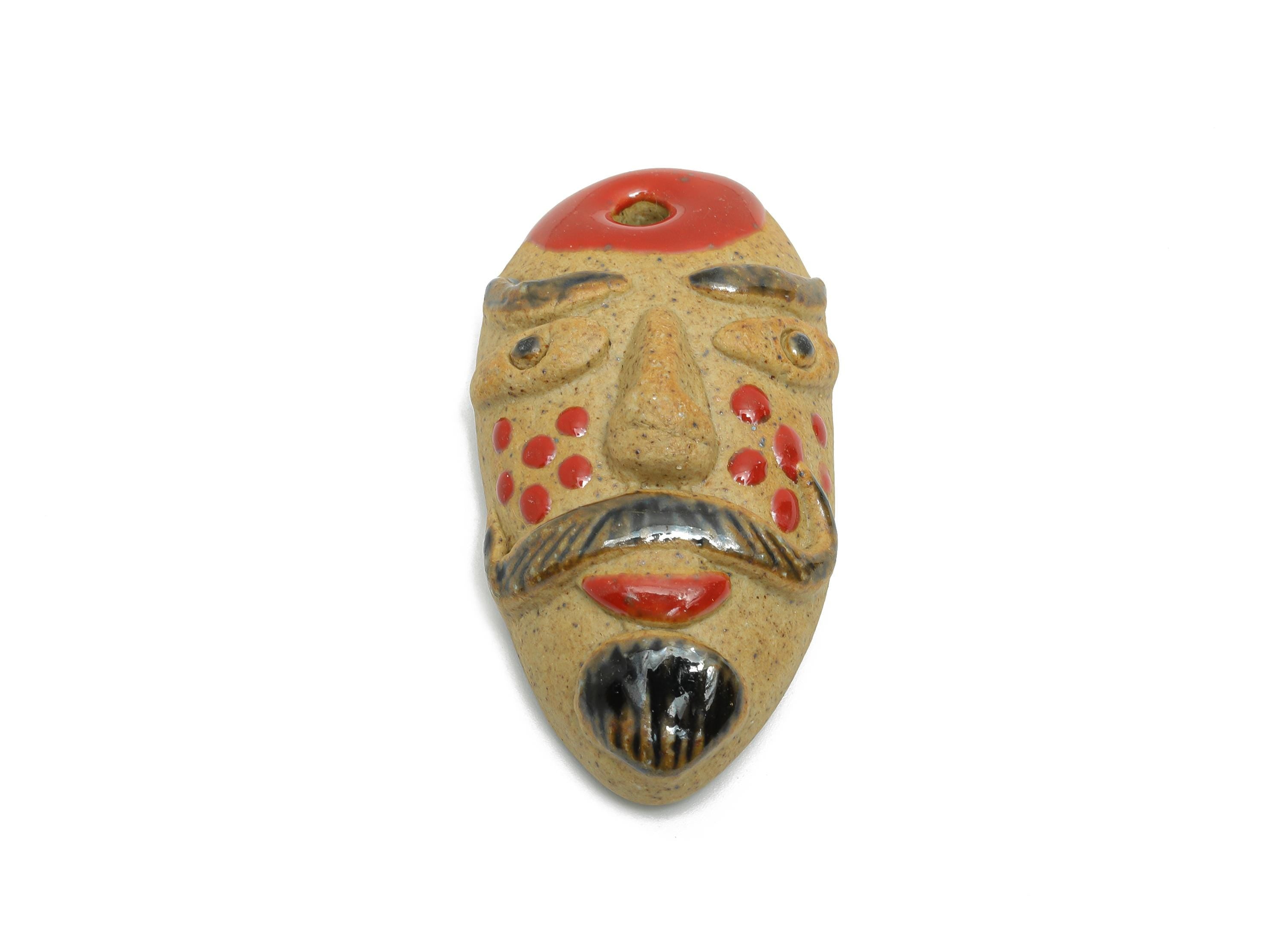 Glazed Ceramic Mask Pendant - Handmade Craft Bead for Necklace - Ethnic Artisan Mask Pendant - Unique Jewelry Component - 52x28x17mm -NS2793 - DOMEDBAZAAR