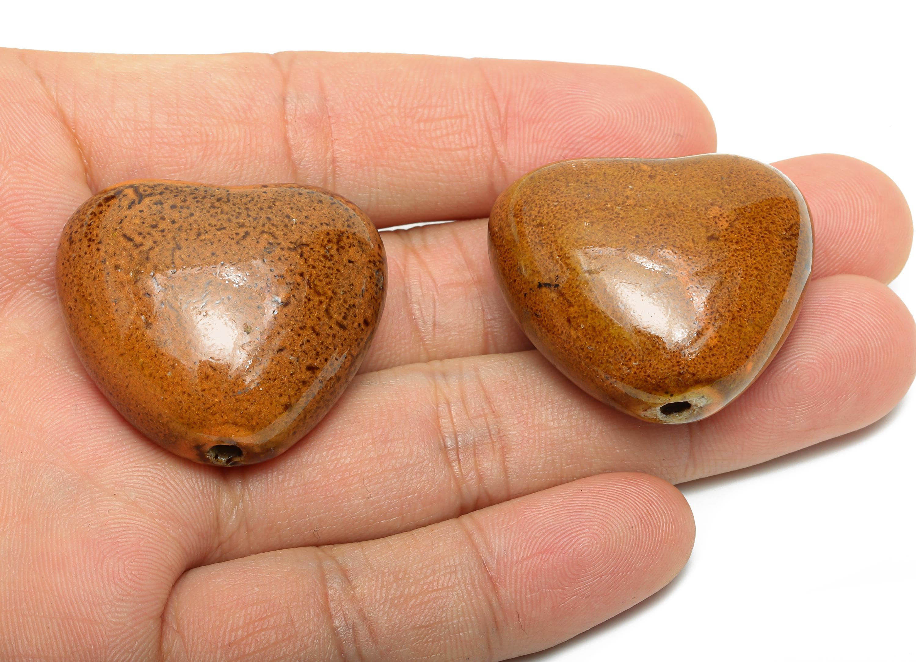 Glazed Ceramic Heart Bead - Boho Heart Bead for Necklace - Handmade Ceramic Heart Bead - Jewelry Making Supplies - 31.67x34.87x19mm - NS2797 - DOMEDBAZAAR