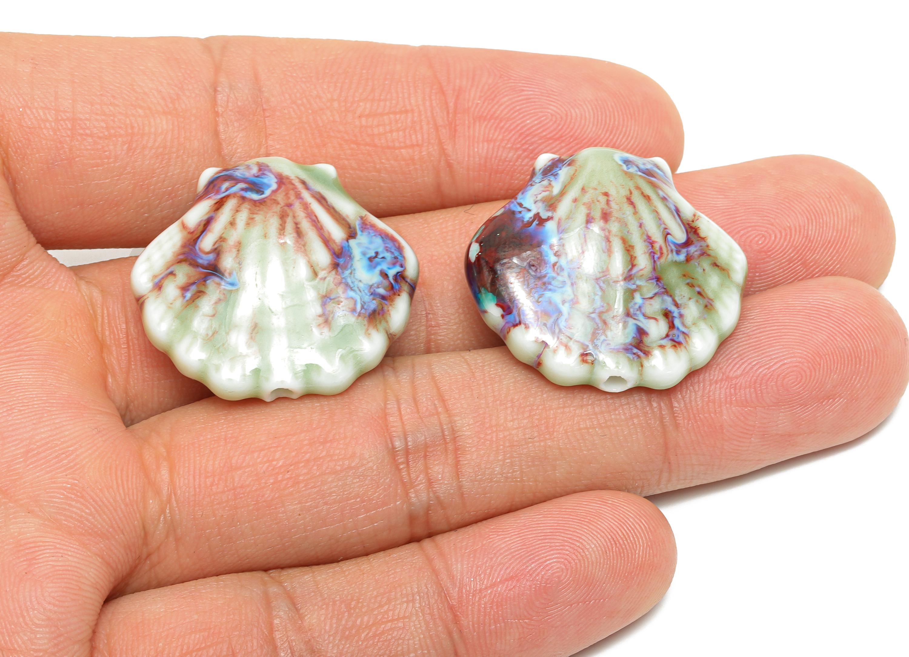 Glazed Ceramic Seashell Bead - Textured Handmade Bead - Bohemian Beach-Themed Jewelry - Marine Bead Jewelry - 25.37x27.5x10.89mm - NS2859F - DOMEDBAZAAR